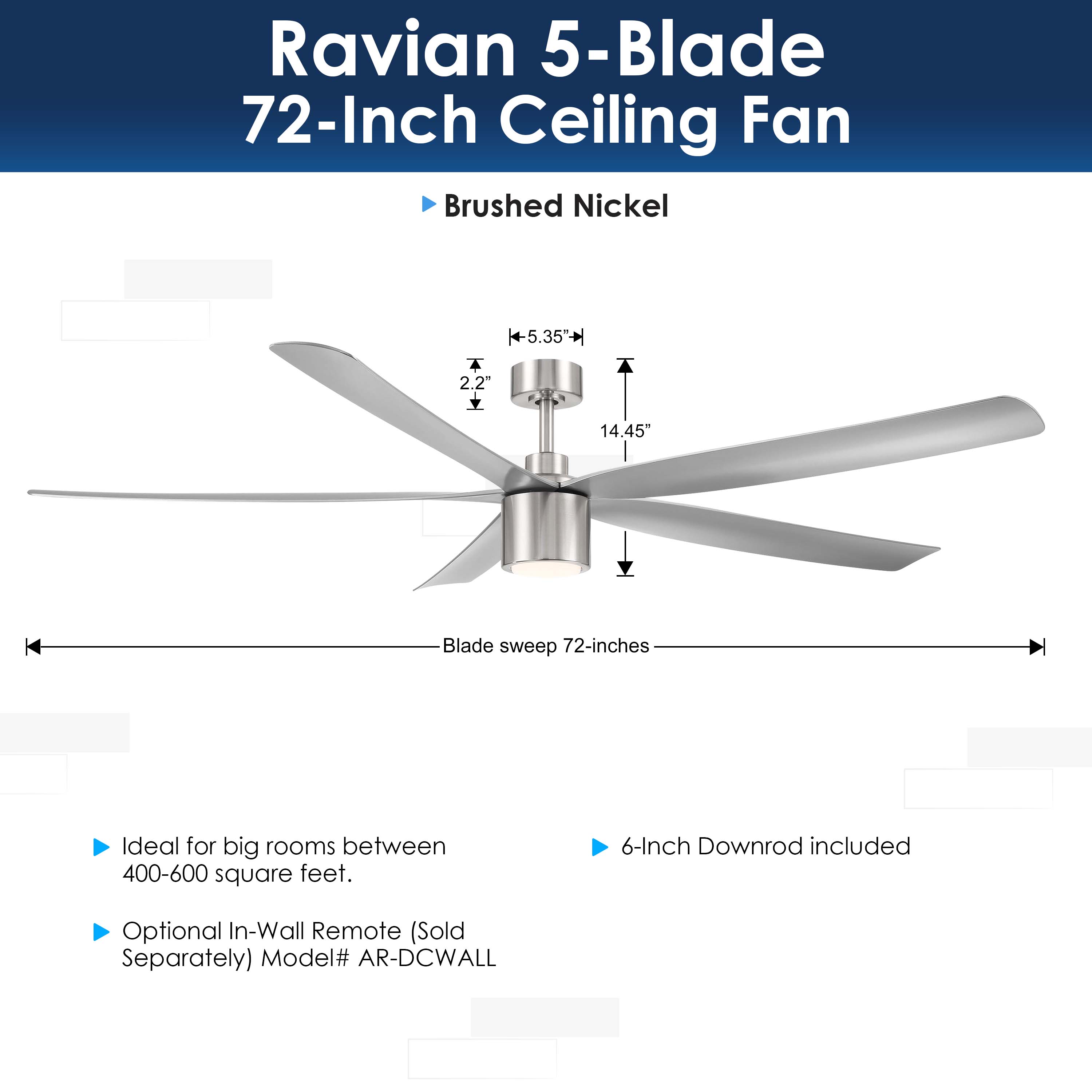 Ravian 5-blade 72-inch ceiling fan with specifications on a white background