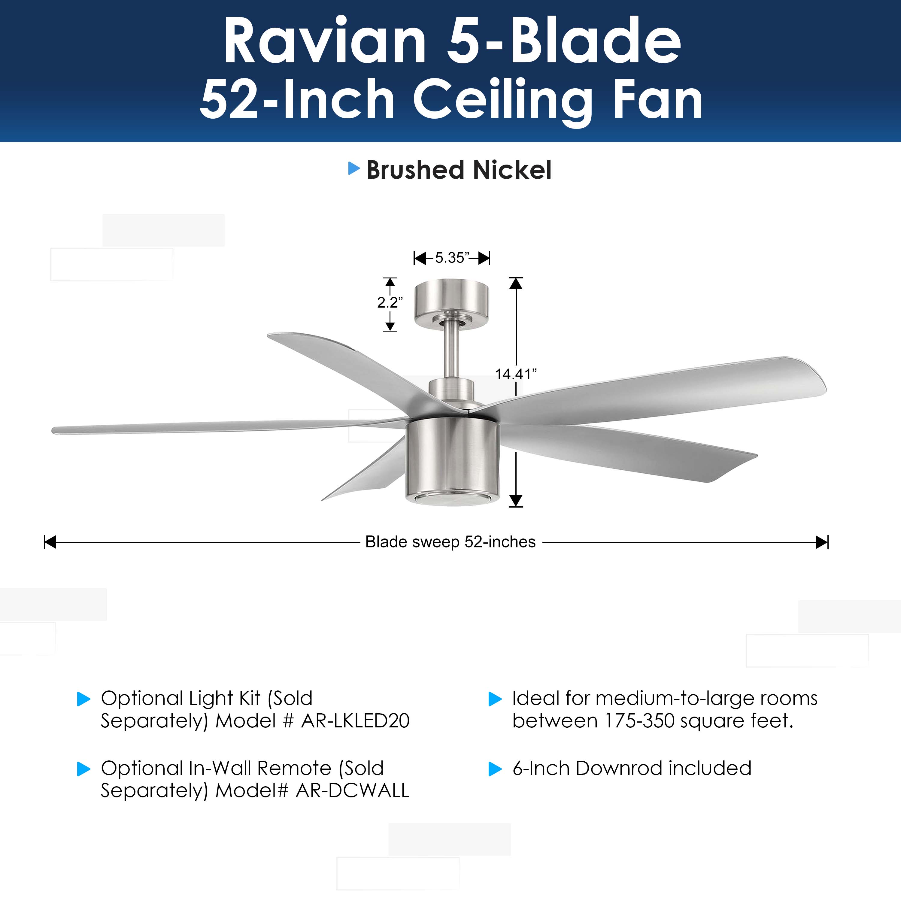 dimensions of RAVIAN® 52" 5-Blade Ceiling Fan in brushed nickel with no light