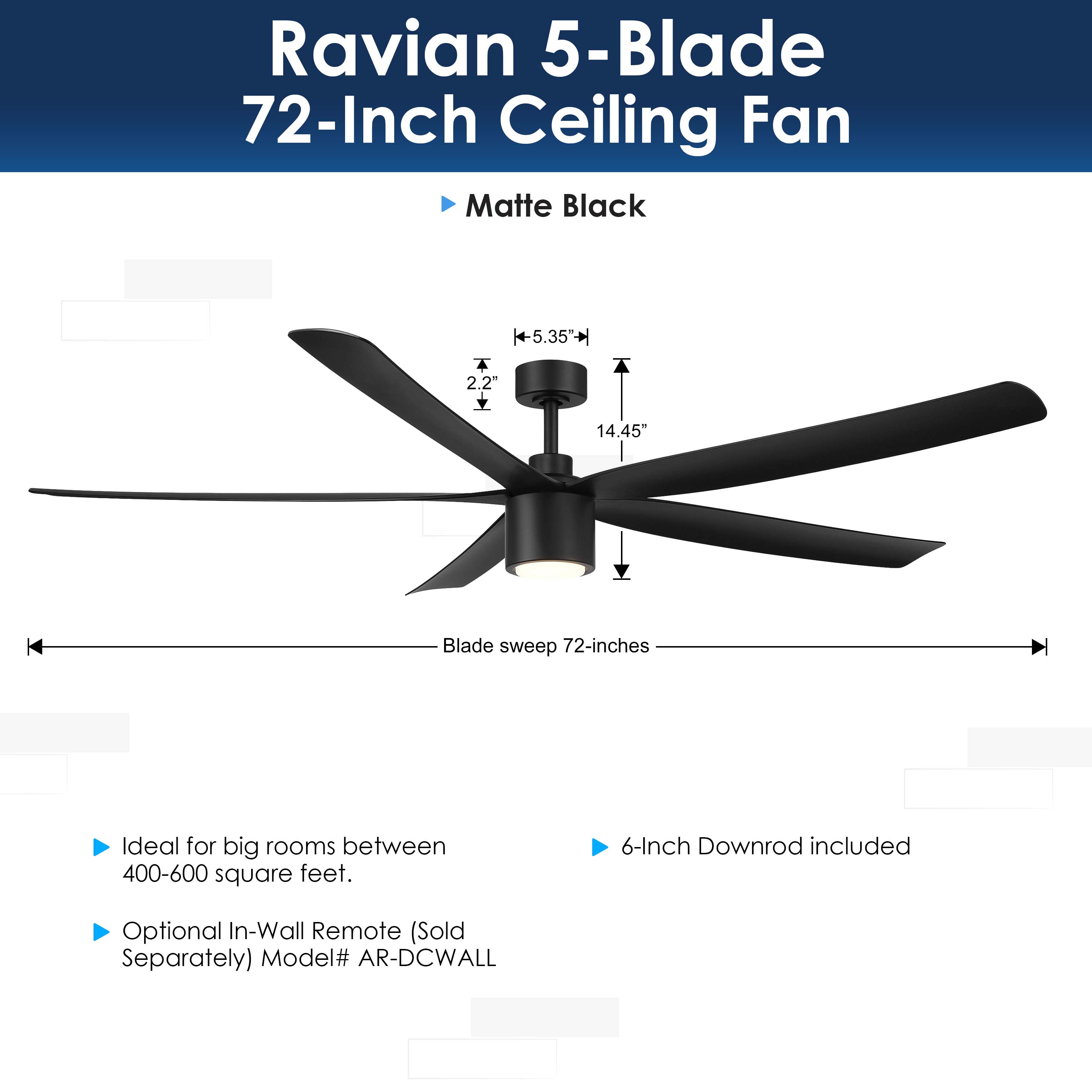 Ravian 5-blade 72-inch ceiling fan with specifications on a white background