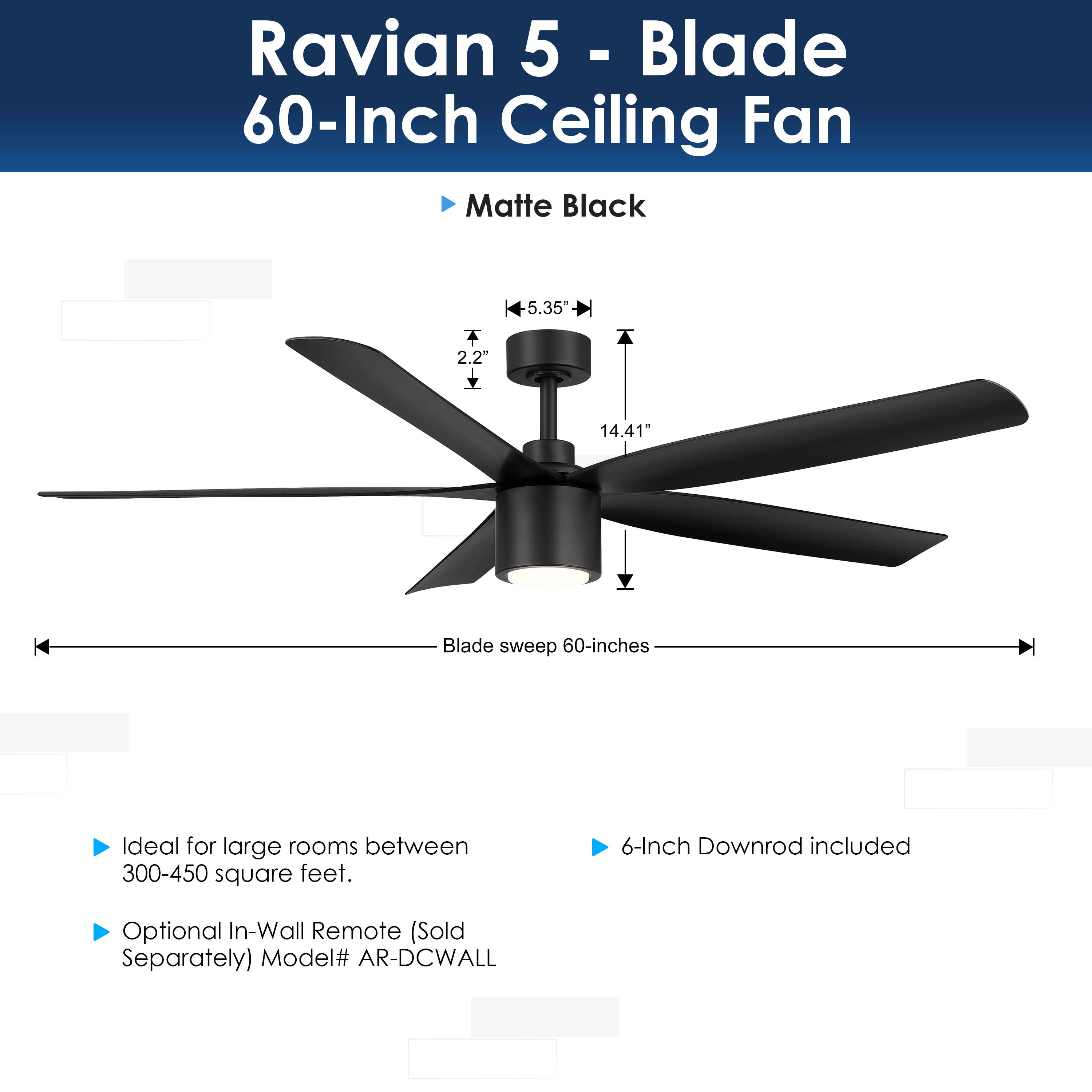 dimensions of RAVIAN® 60" 5-Blade Ceiling Fan in matte black