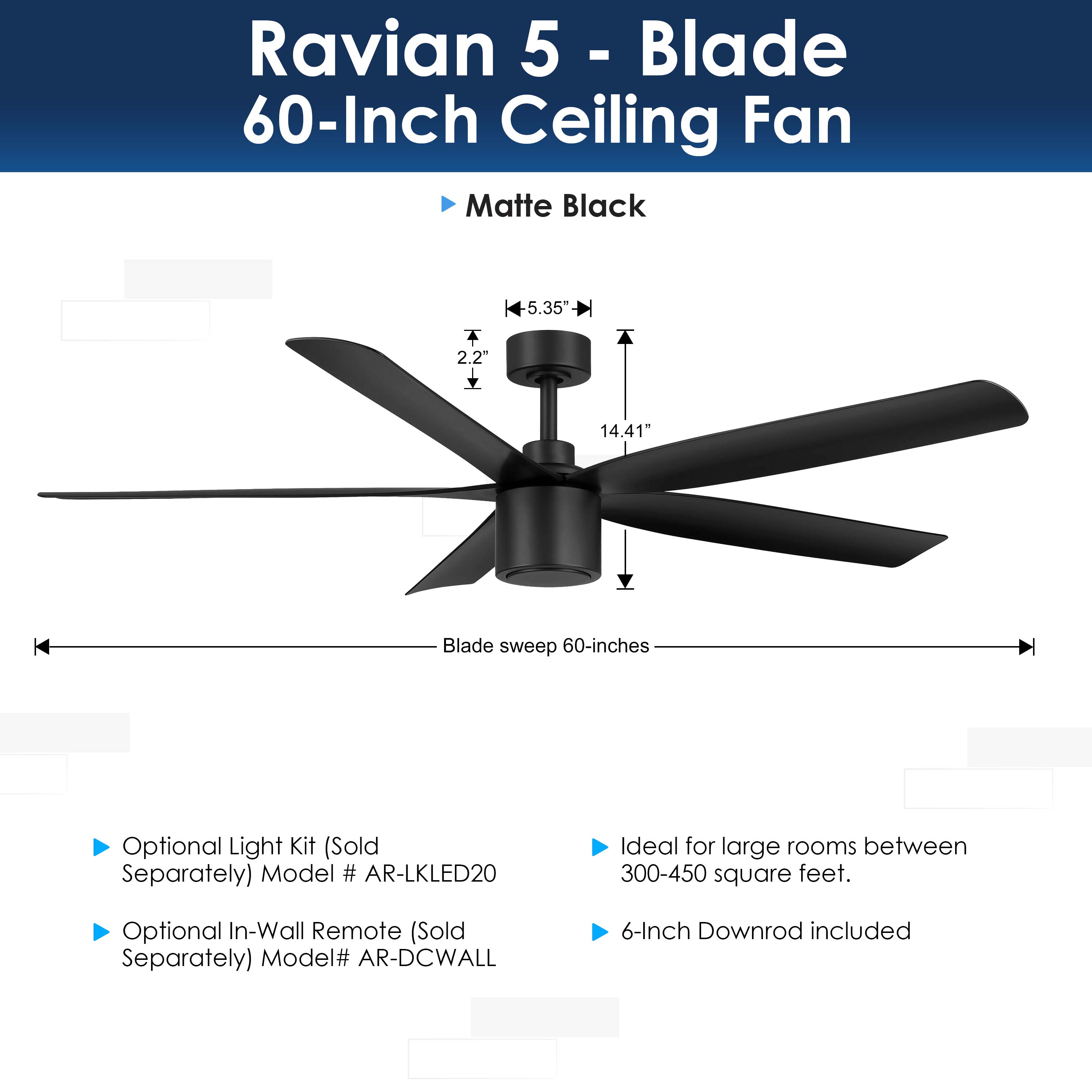 dimensions of RAVIAN® 60" 5-Blade Ceiling Fan