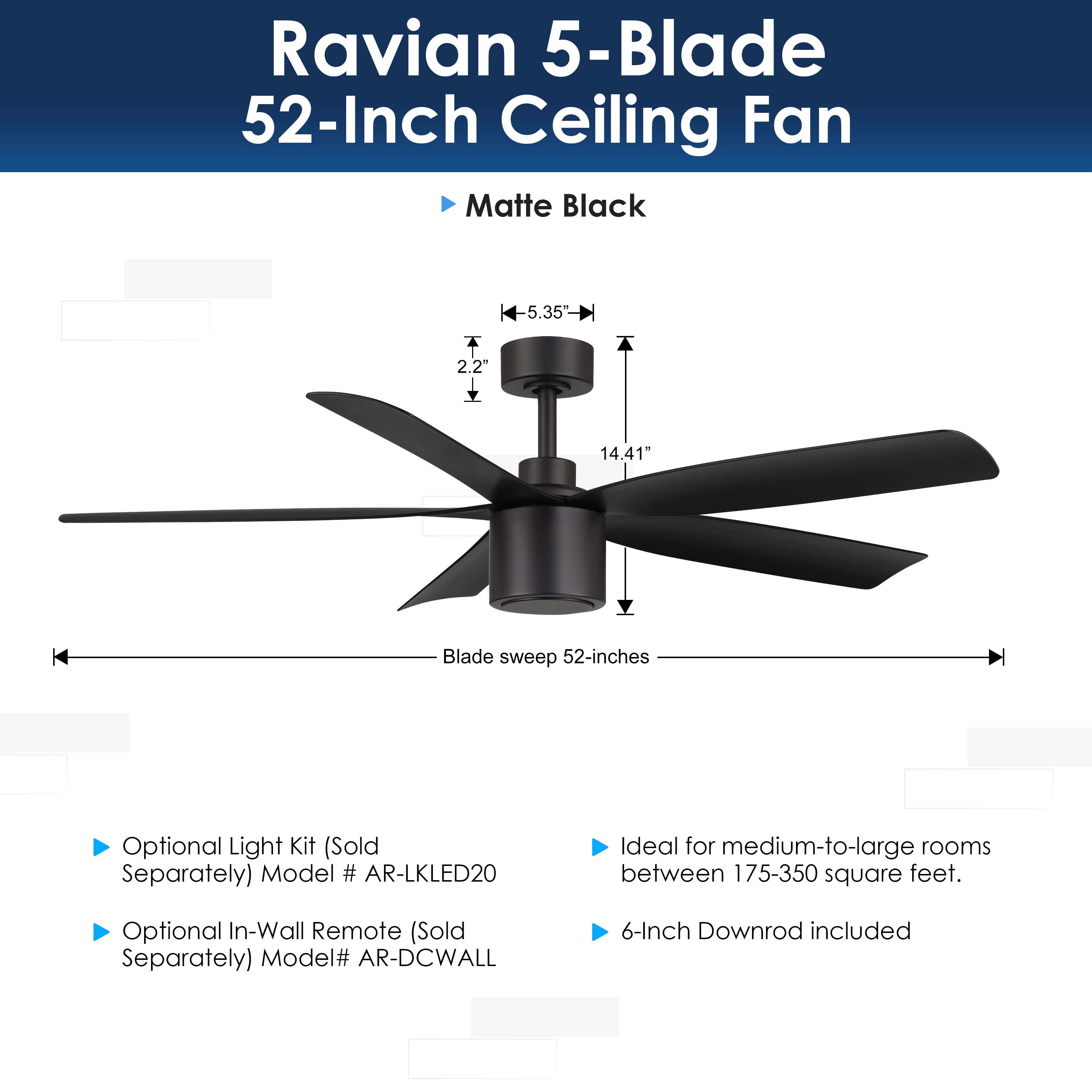 dimensions of RAVIAN® 52" 5-Blade Ceiling Fan in matte black with no light