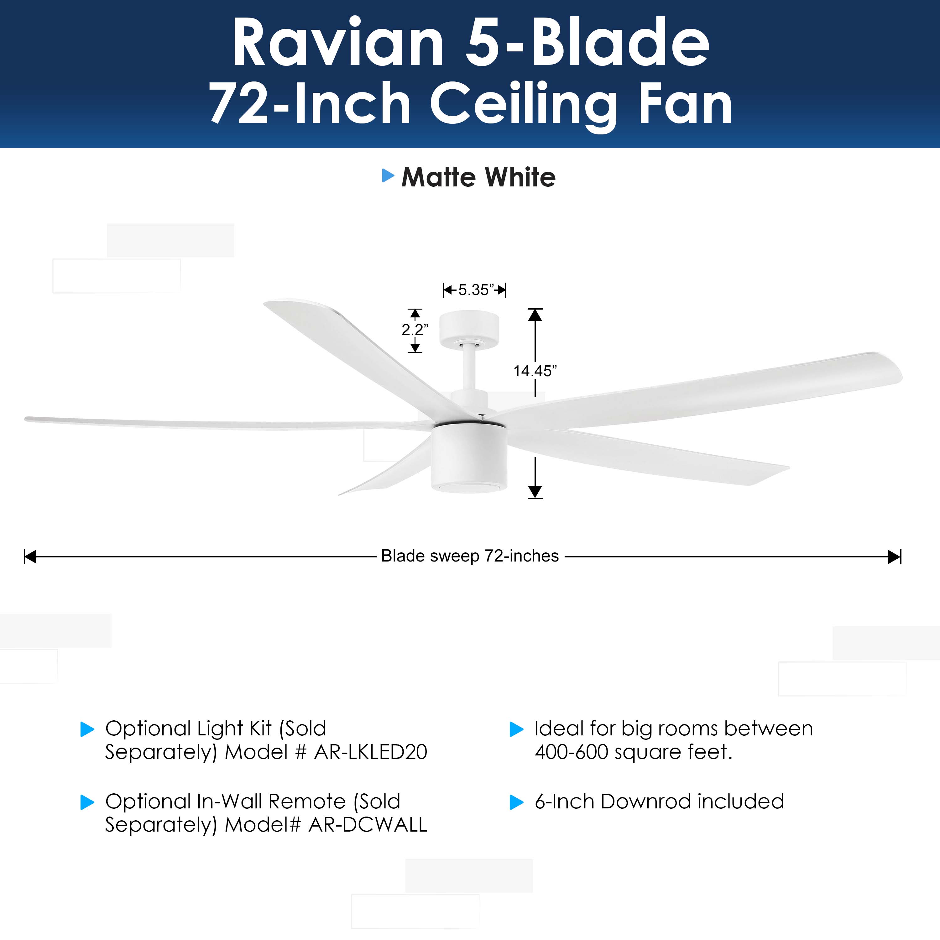 Ravian 5-blade 72-inch ceiling fan with dimensions and features on a white background