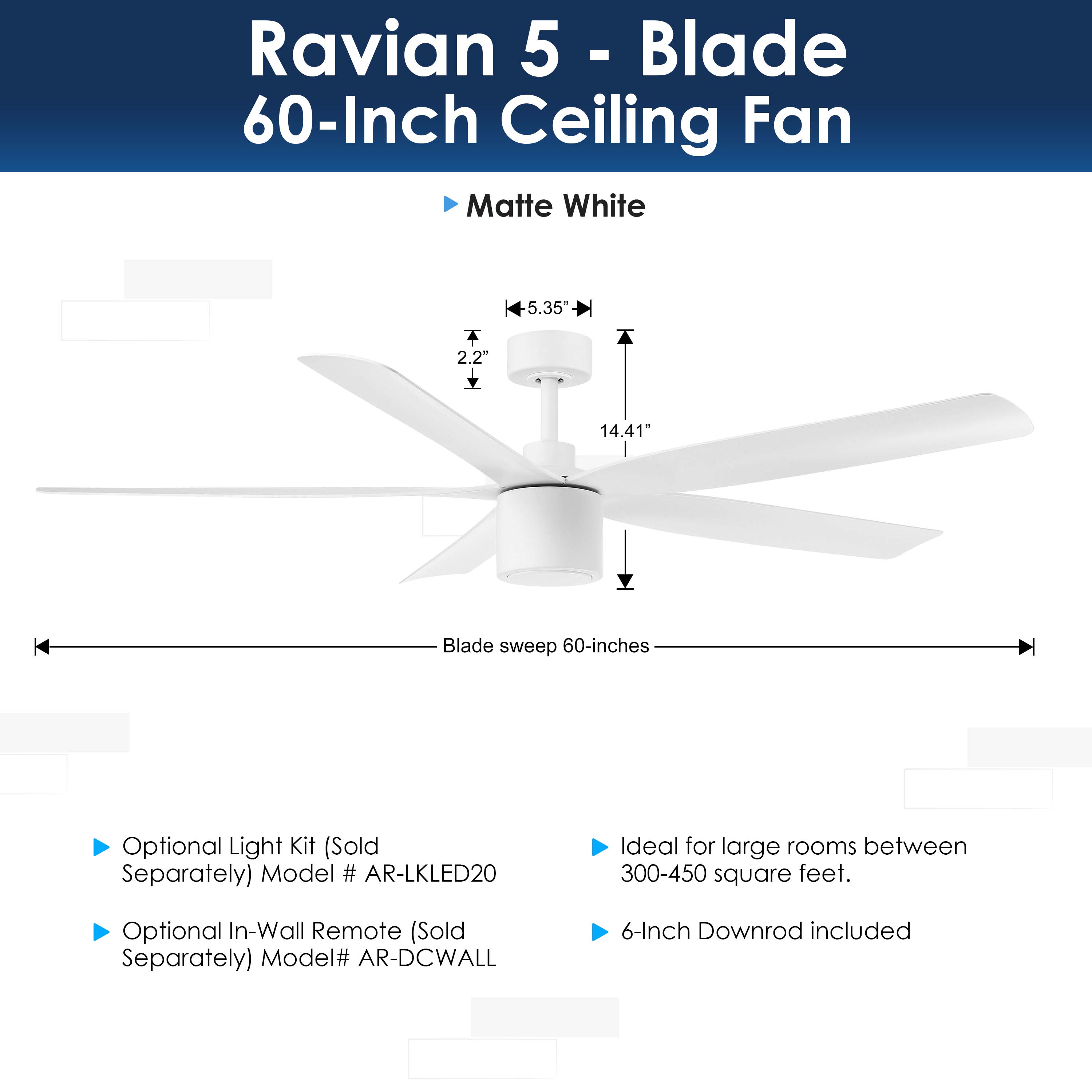 dimensions of RAVIAN® 60" 5-Blade Ceiling Fan in matte white no light