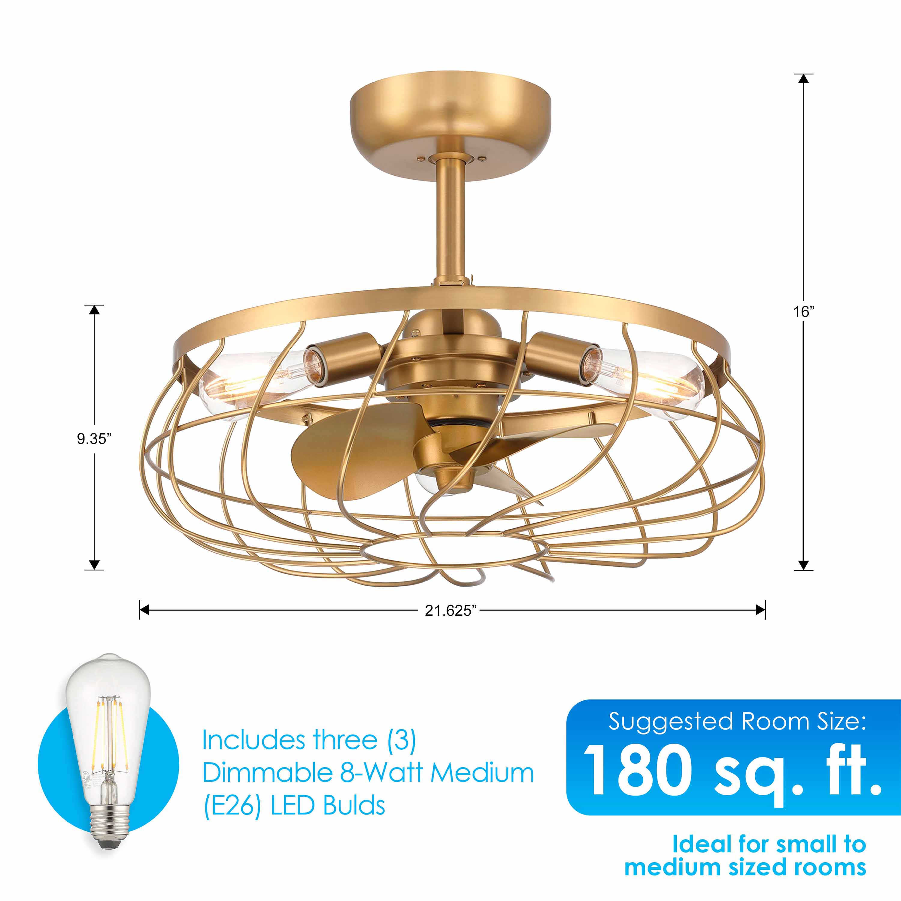 dimensions of Santiago® 22 inch Fandelier, a caged ceiling fan featured in Aged Brass Finish