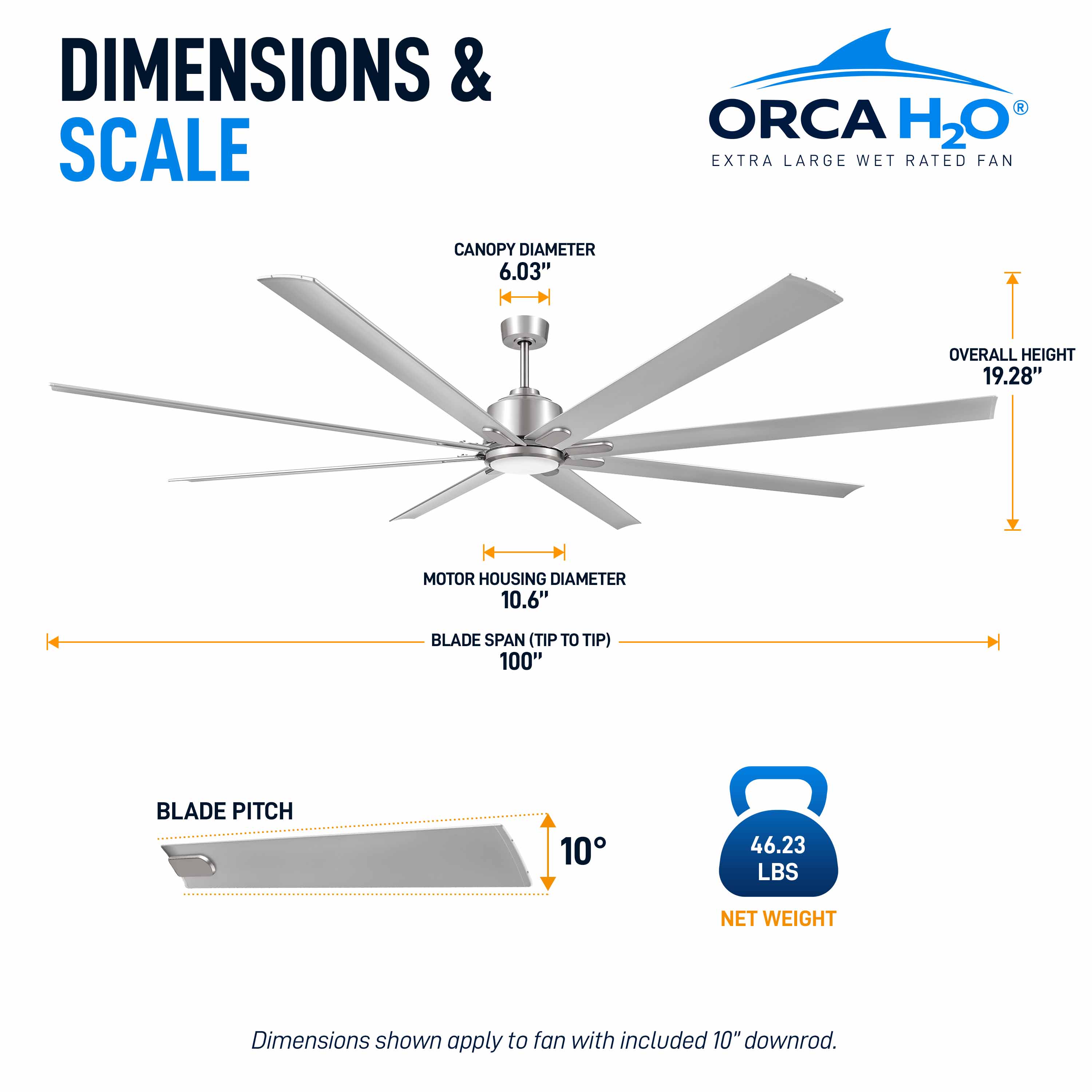 ORCA H₂O® 100" Ceiling Fan Brushed Nickel with Light — Dimensions and Weight Diagram