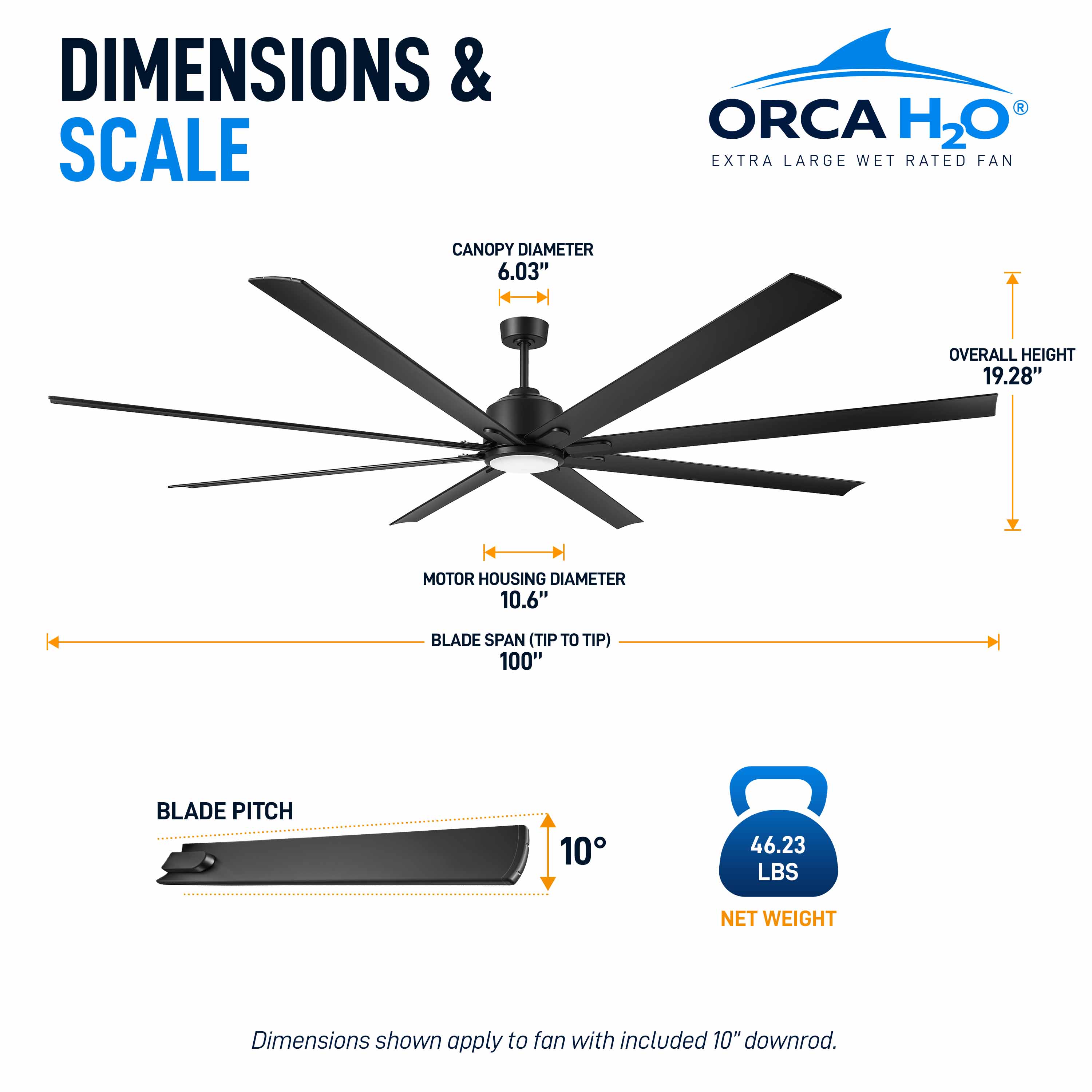 ORCA H₂O® 100" Ceiling Fan Matte Black with Light — Dimensions and Weight Diagram