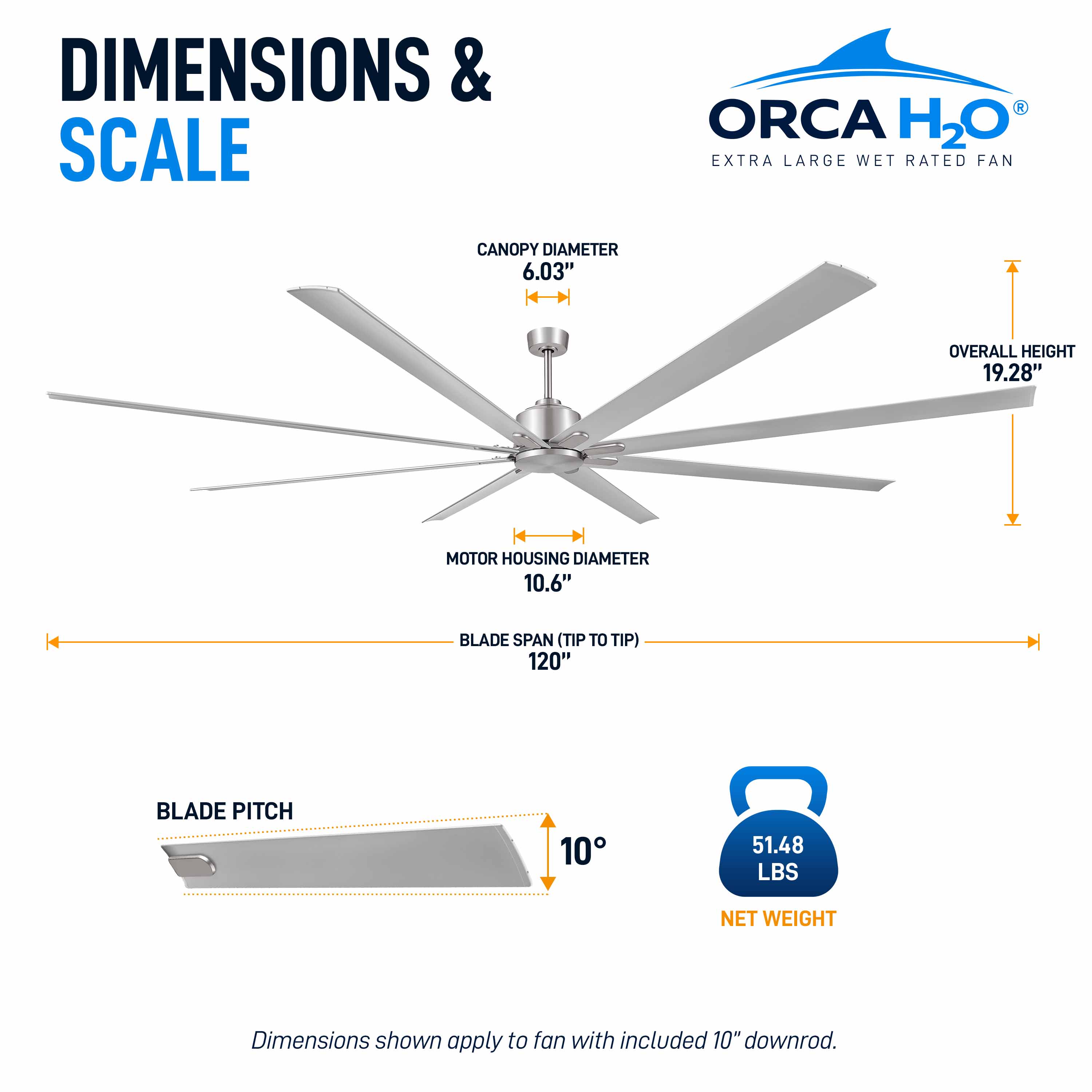 ORCA H₂O® 120" ceiling fan dimensions, weight, and silo view