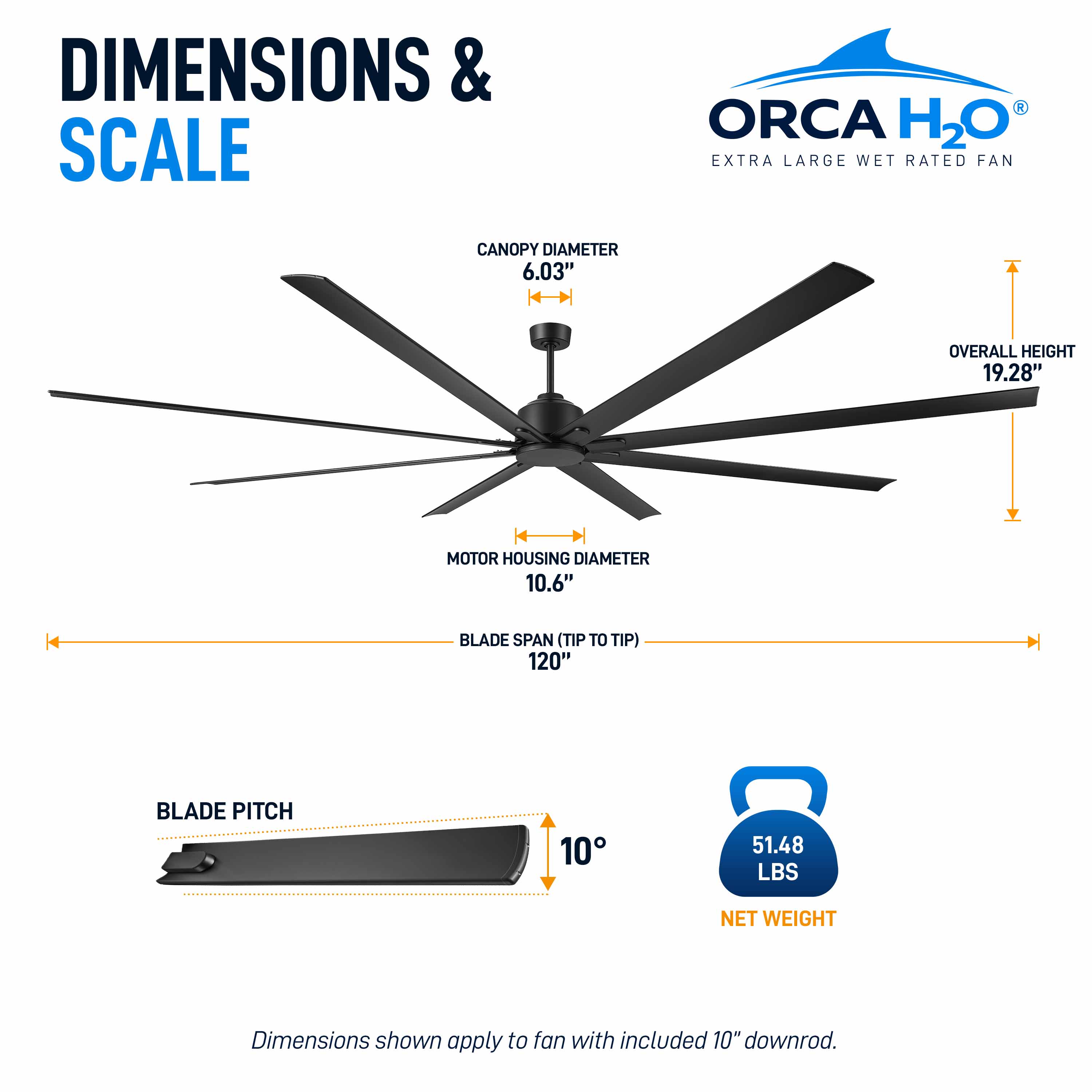 ORCA H₂O® 120" ceiling fan dimensions, weight, and silo view