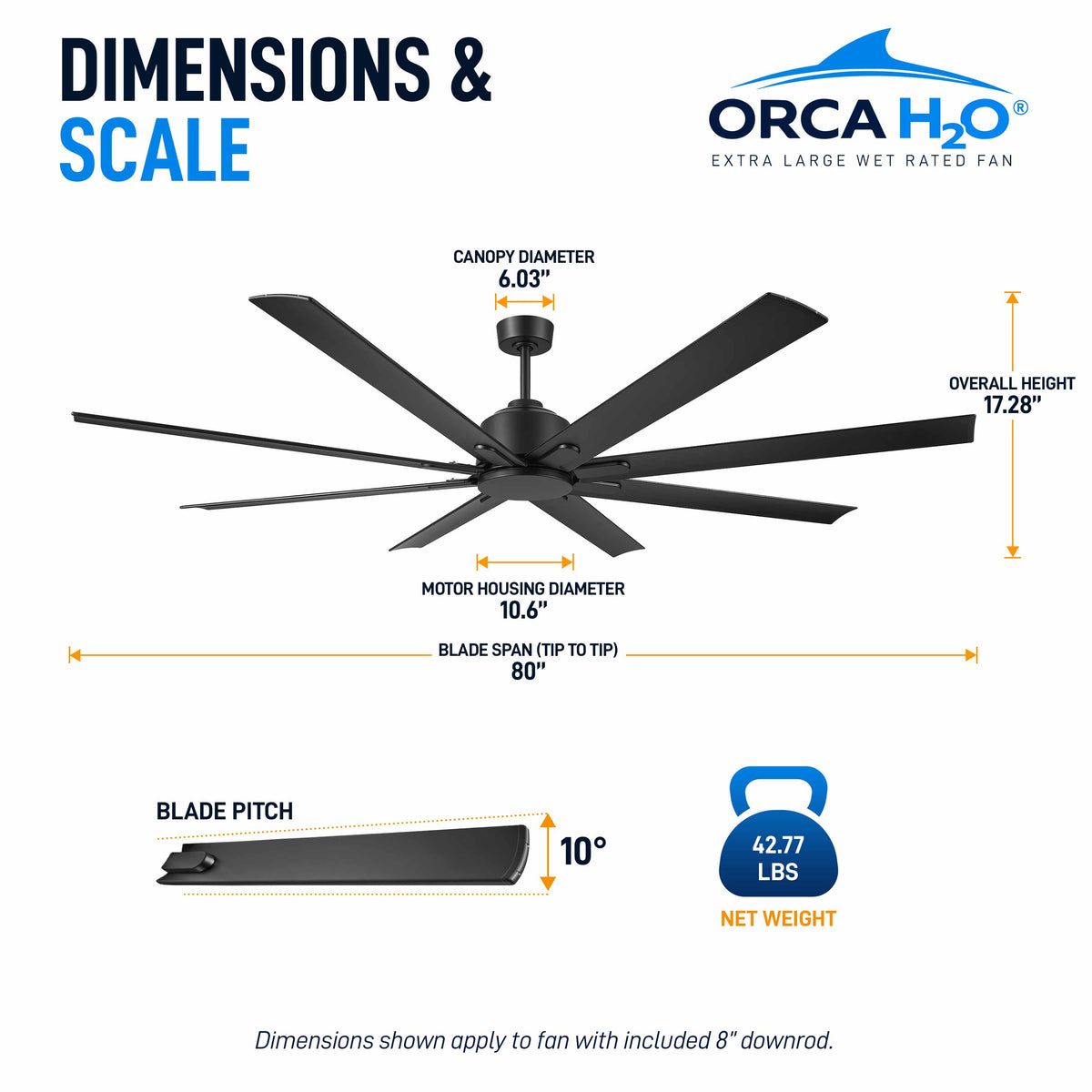 ORCA H₂O® 80" Ceiling Fan Matte Black No Light — Dimensions and Weight Diagram