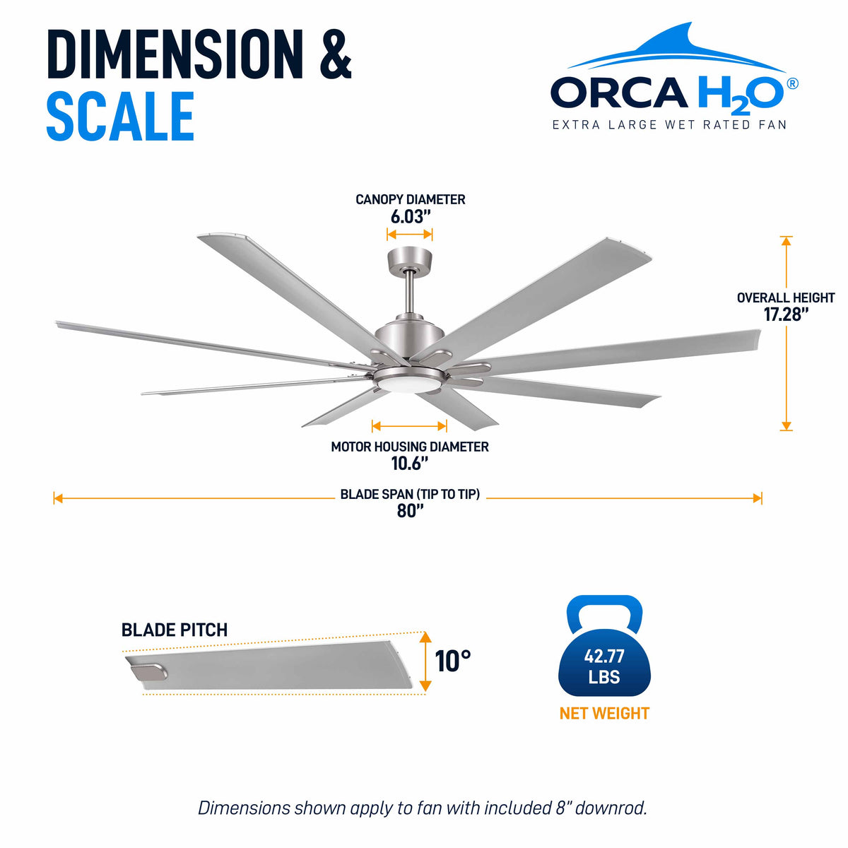 ORCA H₂O® 80" Ceiling Fan Brushed Nickel — Dimensions and Weight Diagram