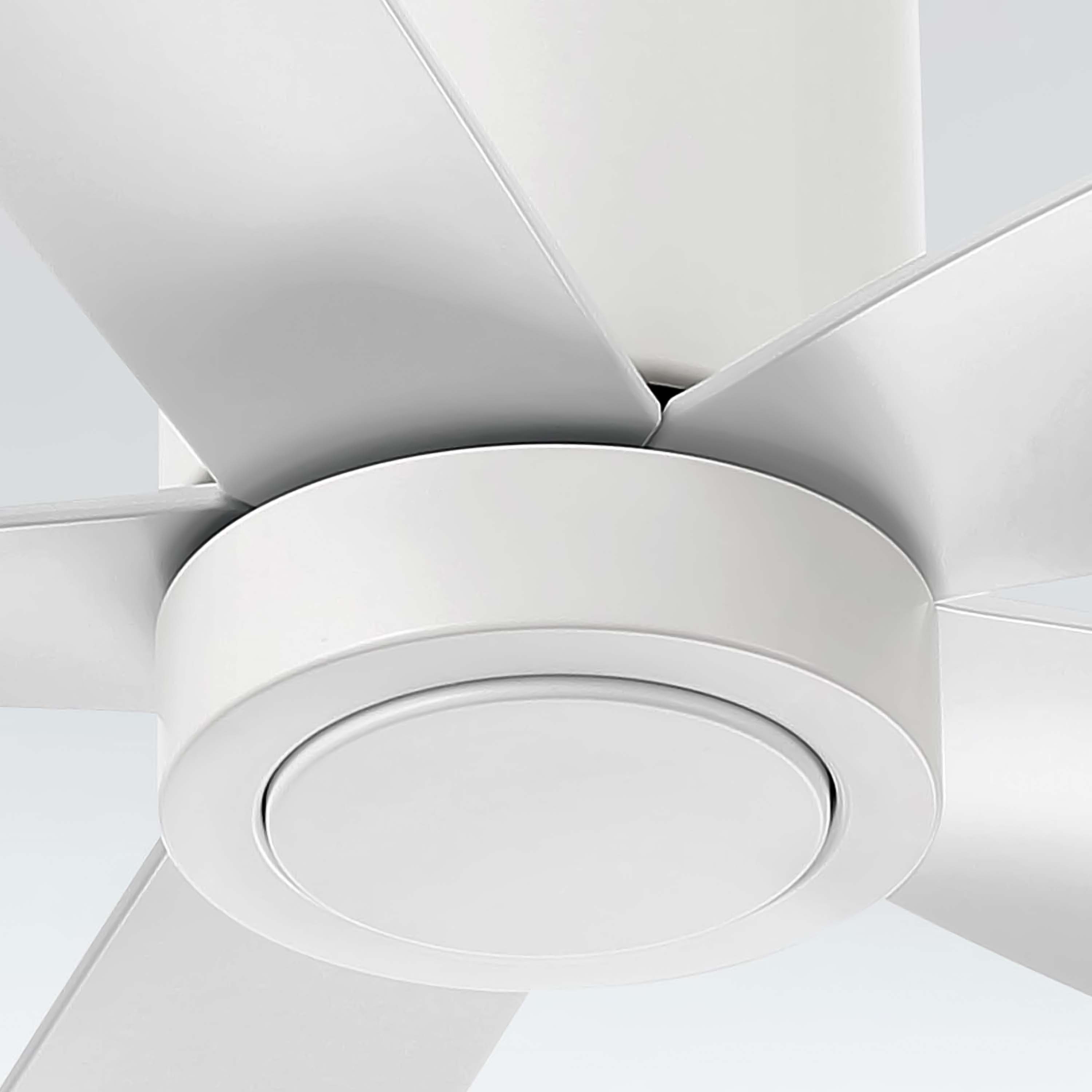Close-up of a white Cormac ceiling fan with a modern design.
