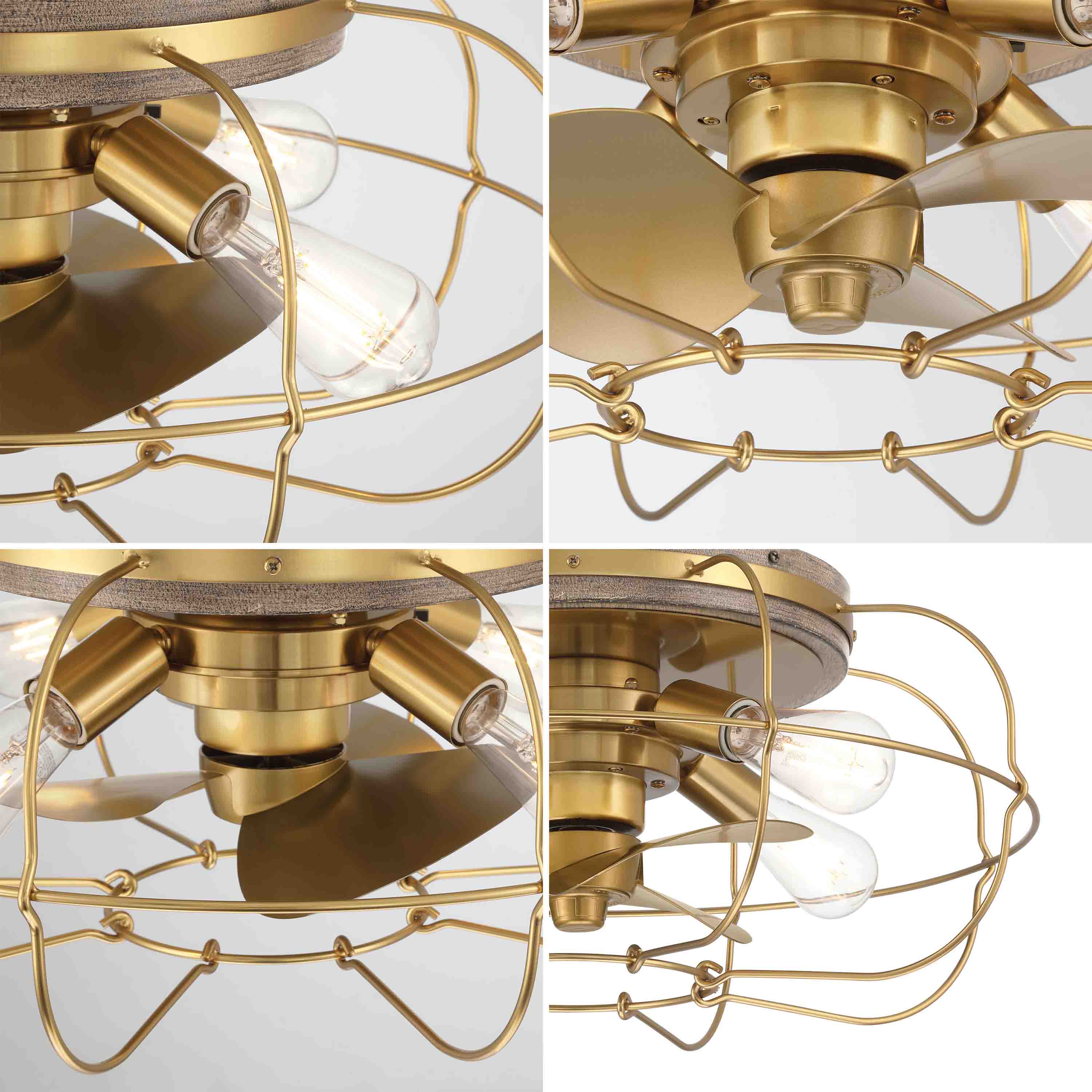 Zoomed in photos showing features of Jaxon Caged Ceiling Fan - 22" Flush Mount Fandelier- Aged Brass Finish
