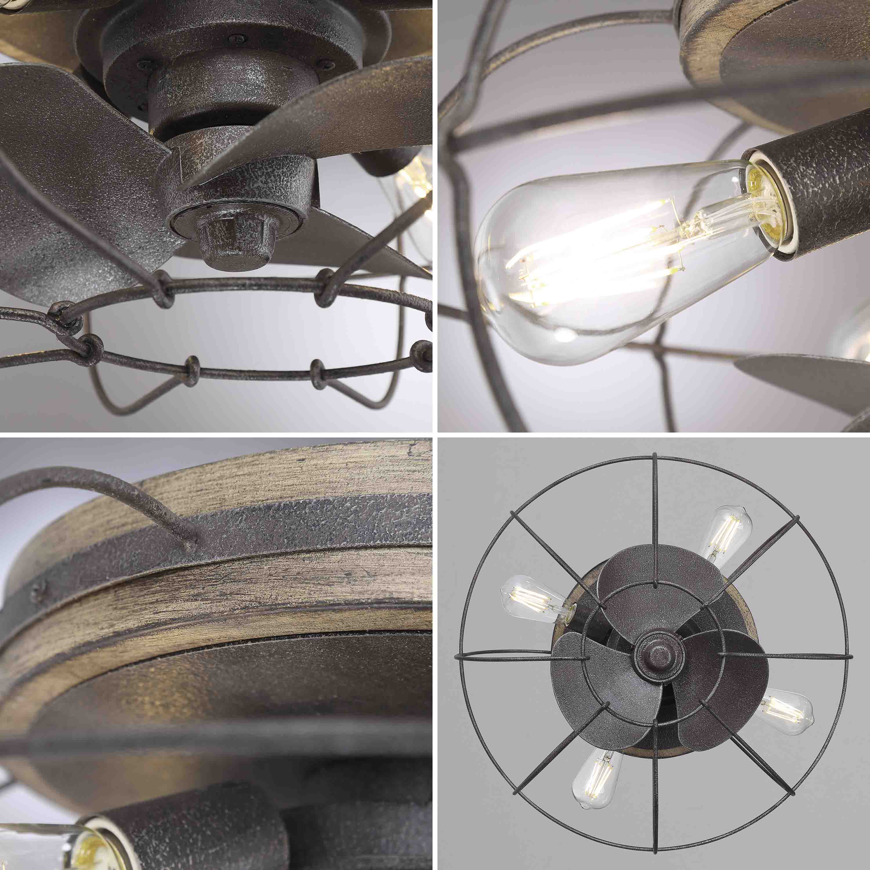 detailed up close images of JAXON® 22" Flush Mount Caged Ceiling Fan shown in Charred Iron Finish