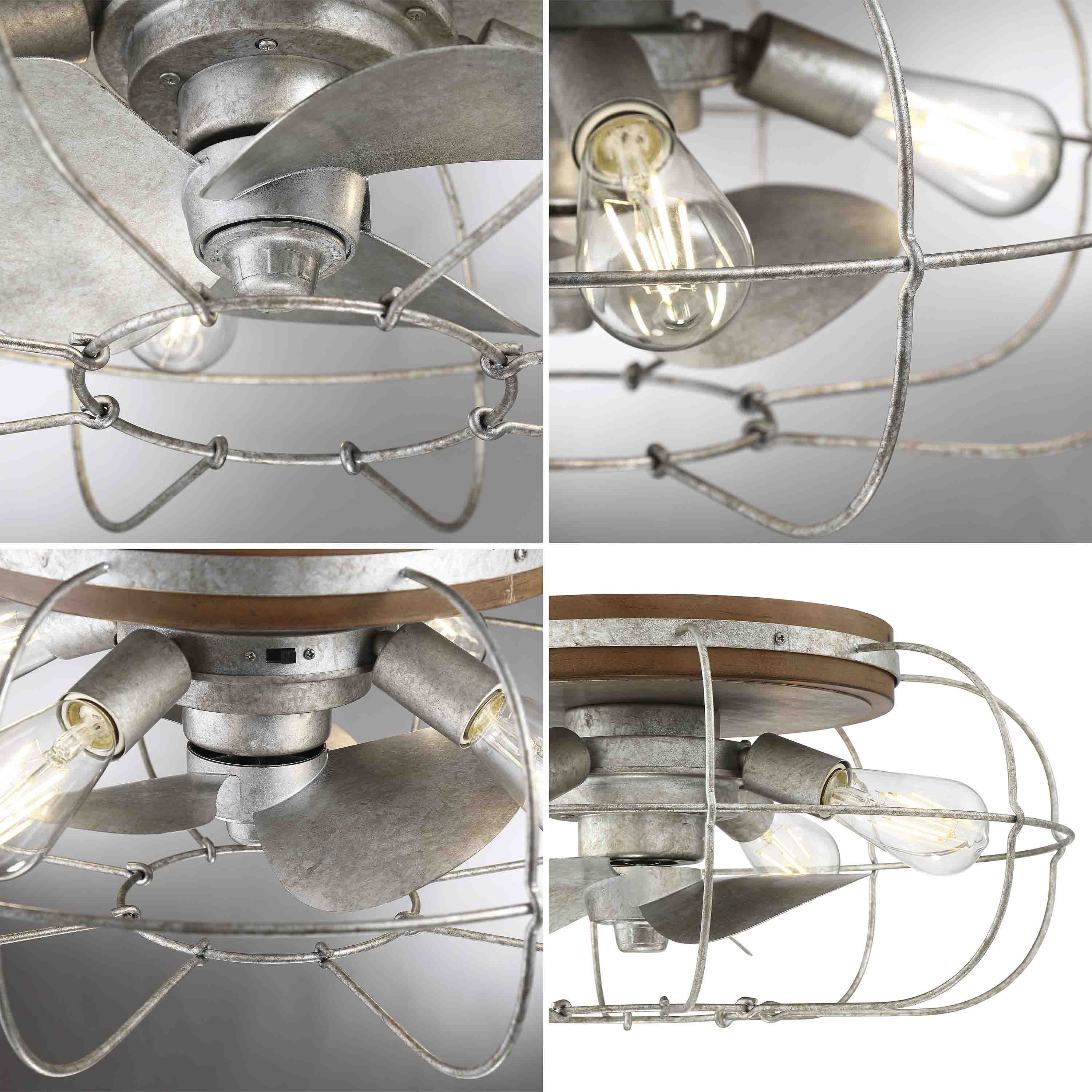 up close detailed images of JAXON® 22" Flush Mount Caged Ceiling Fan in the Galvanized Finish