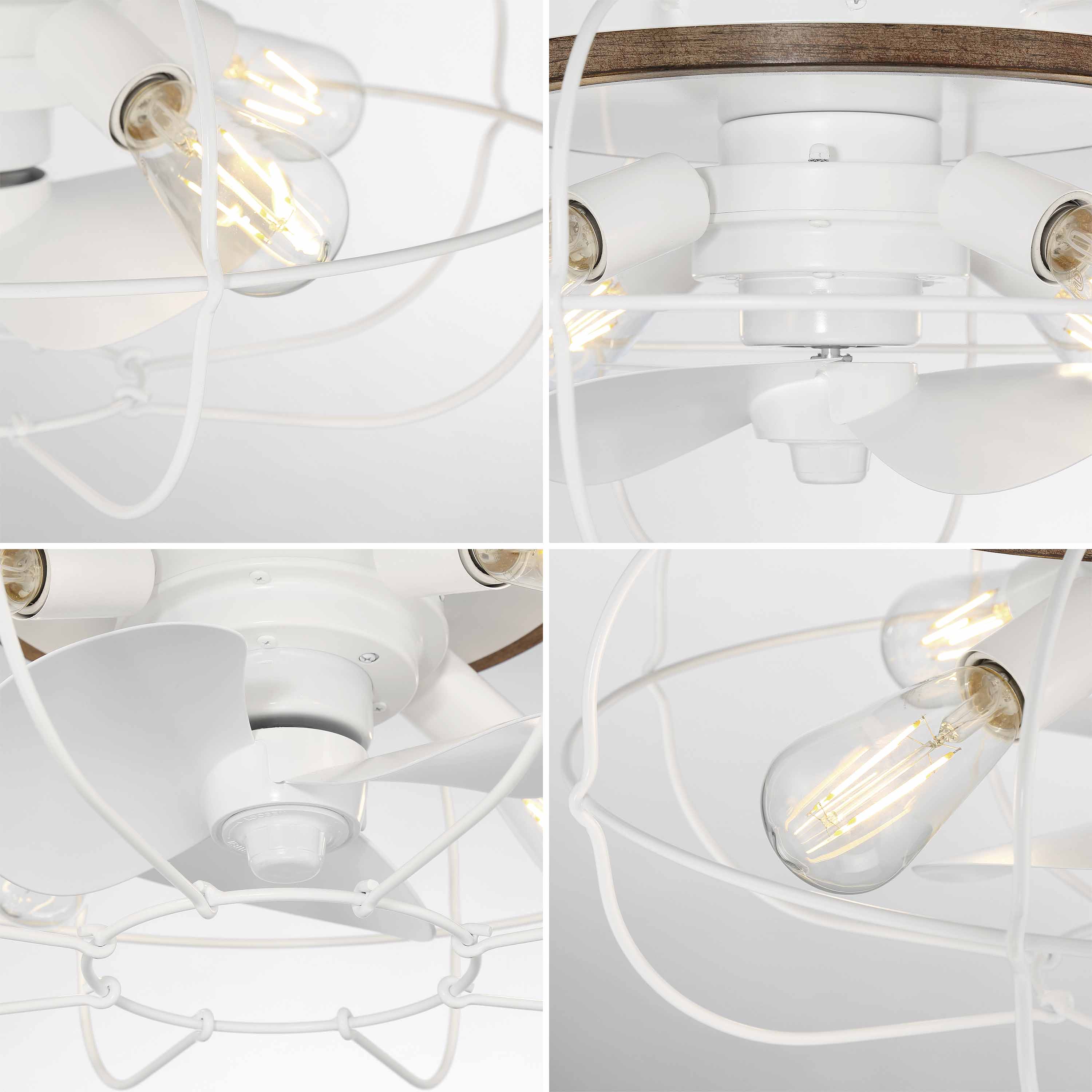 up close detailed images of JAXON® 22" Flush Mount Caged Ceiling Fan in Matte White Finish