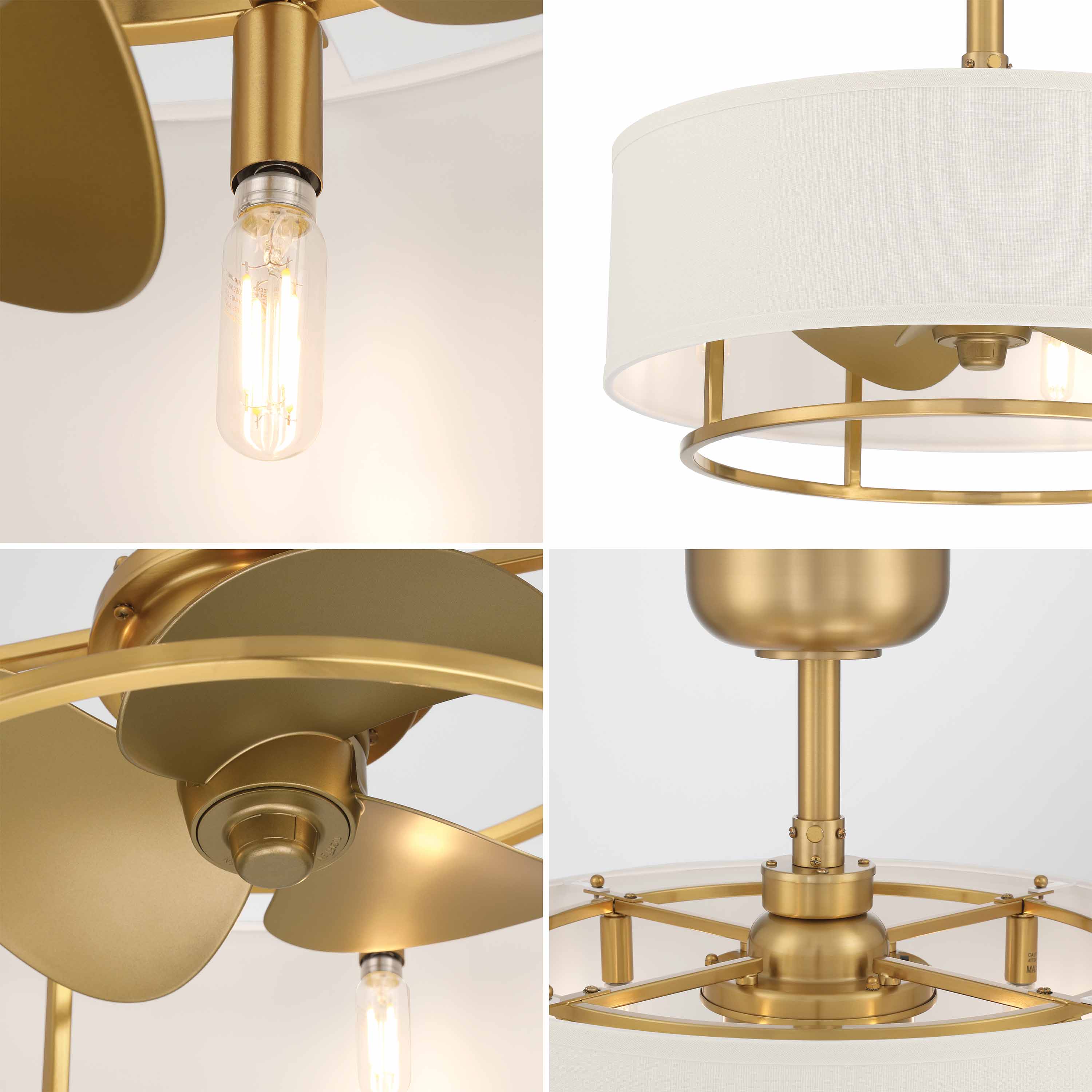 Up close detailed images of KAITI™ Fandelier 20" Drum Shade Ceiling Fan in Aged Brass