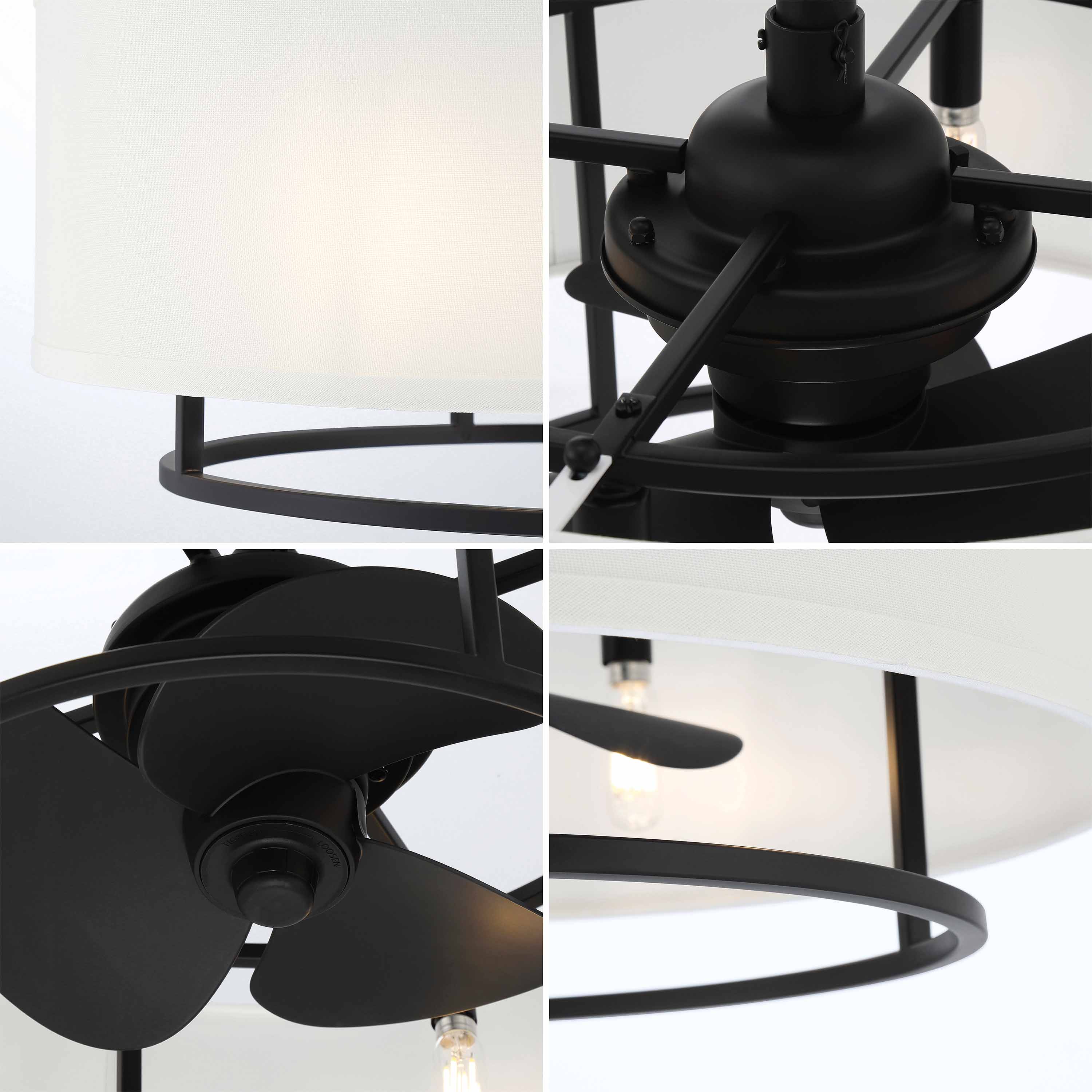 Up-close detailed images of light and fan of KAITI™ Fandelier - 20" Drum Shade Ceiling Fan in Matte Black Finish