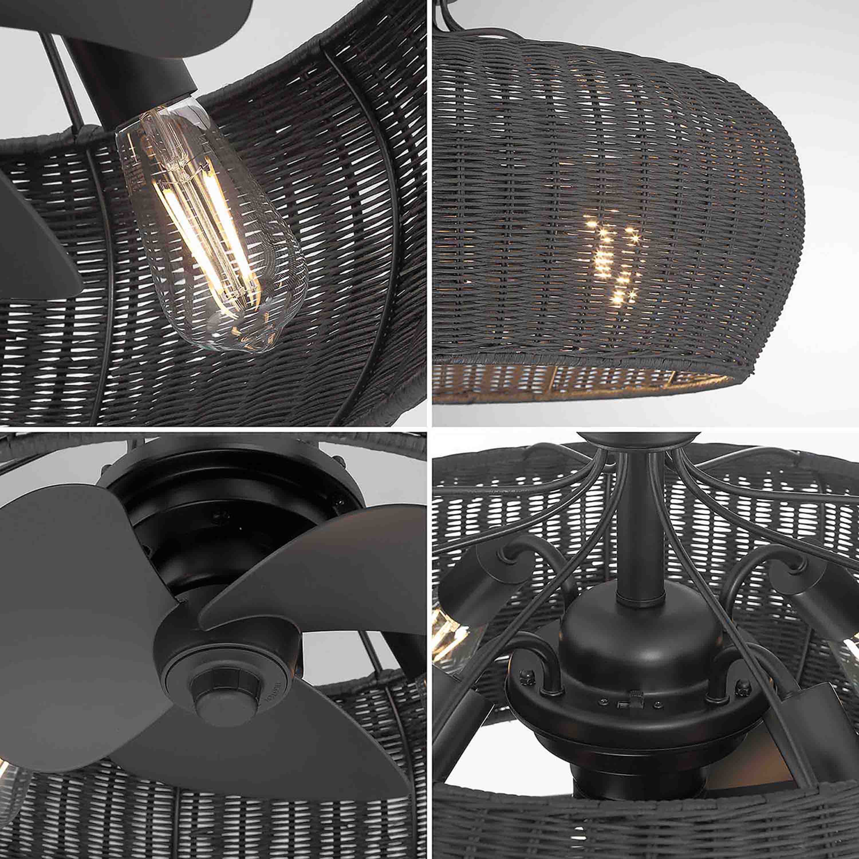up close and detailed images of MARIBEL® Fandelier- 22" Rattan Shade Ceiling Fan- Matte Black