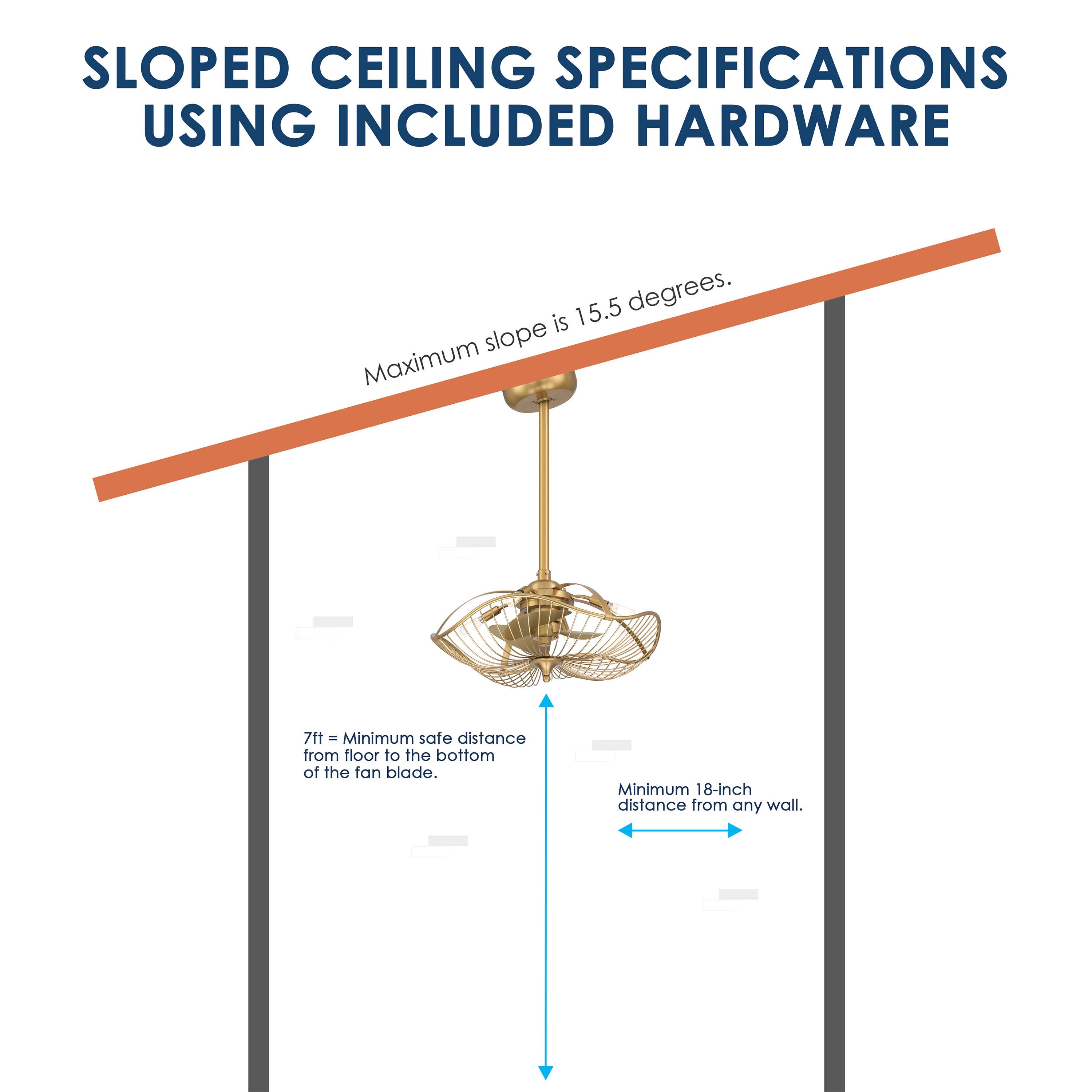 Sloped angled mount guide for AURI™ Fandelier, a 22inch Ceiling Fan in Aged Brass
