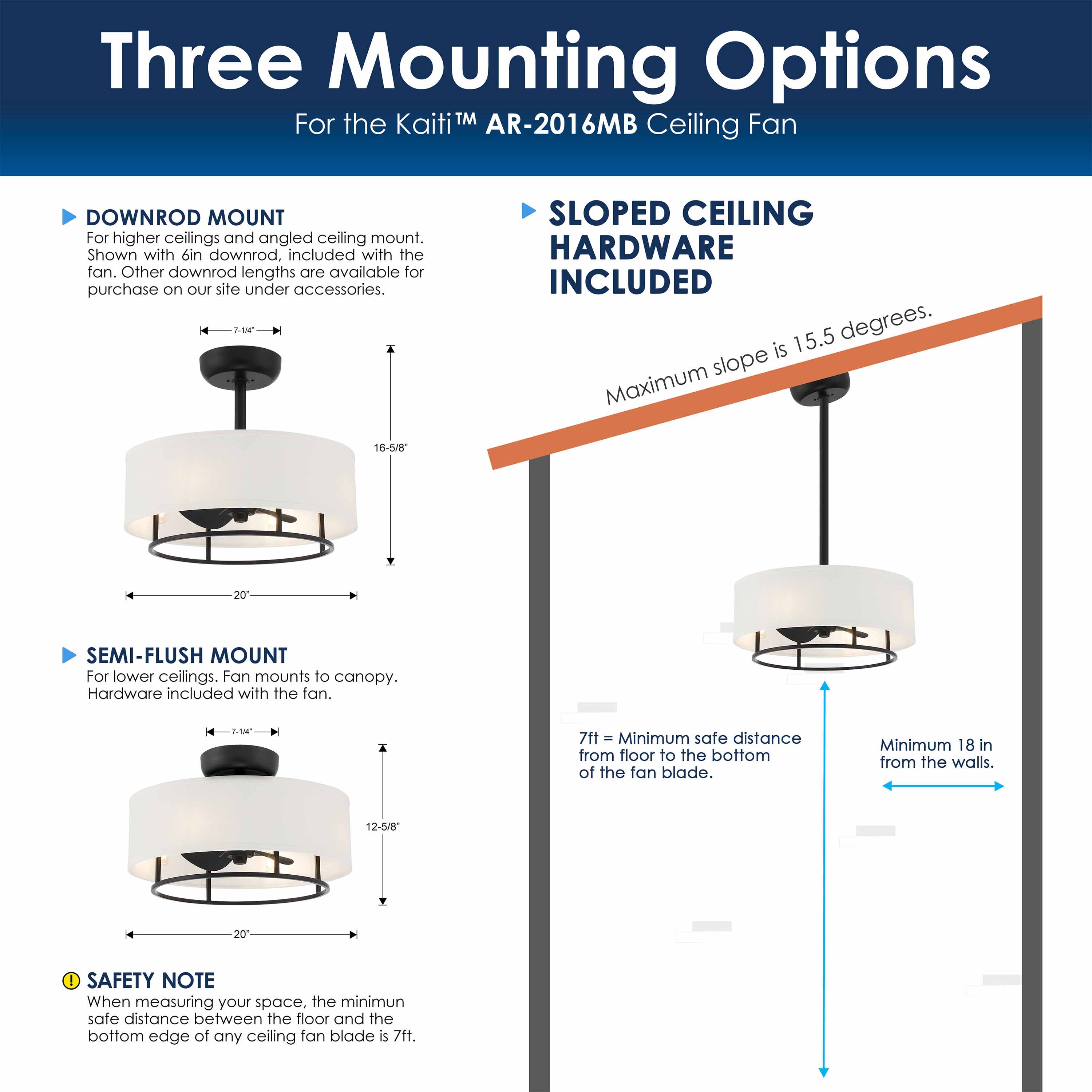 Sloped ceiling guide installation for KAITI™ Fandelier - 20" Drum Shade Ceiling Fan in Matte Black Finish