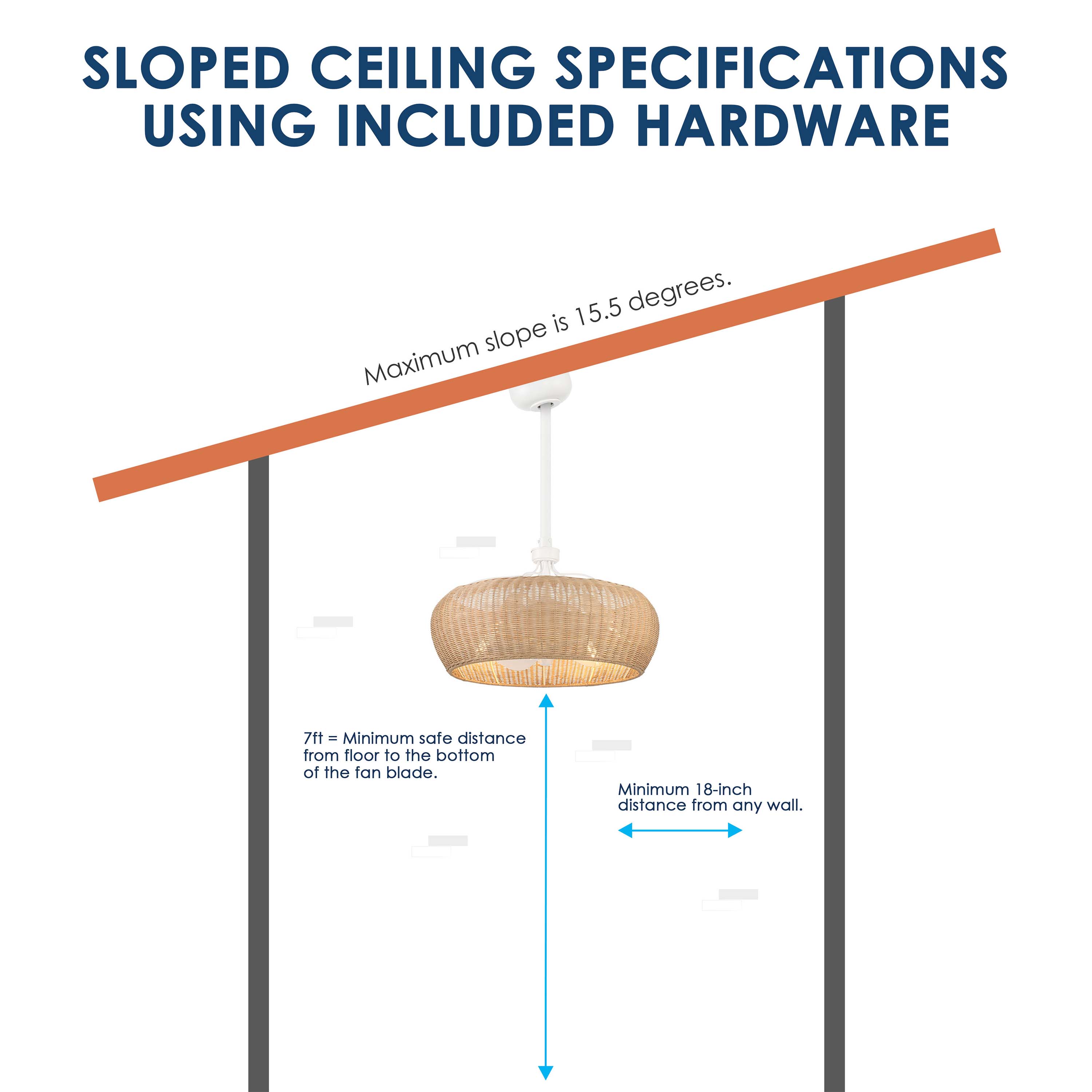 sloped ceiling guide for MARIBEL® Fandelier- 22" Rattan Shade Ceiling Fan- Matte White with natural shade