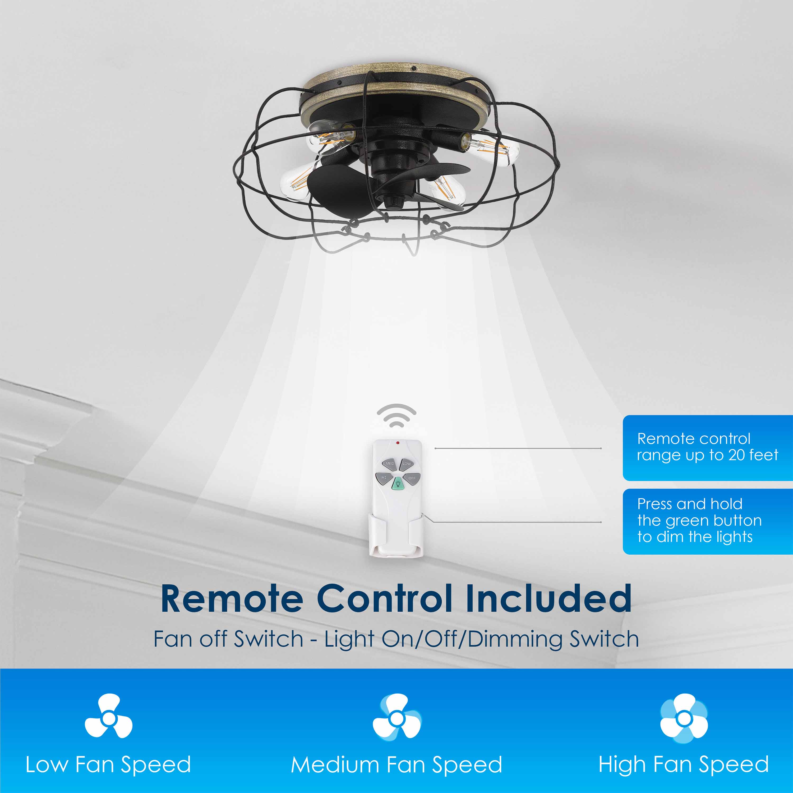 Remote control guide for JAXON® 22" Flush Mount Caged Ceiling Fan  in Textured Satin Black Finish