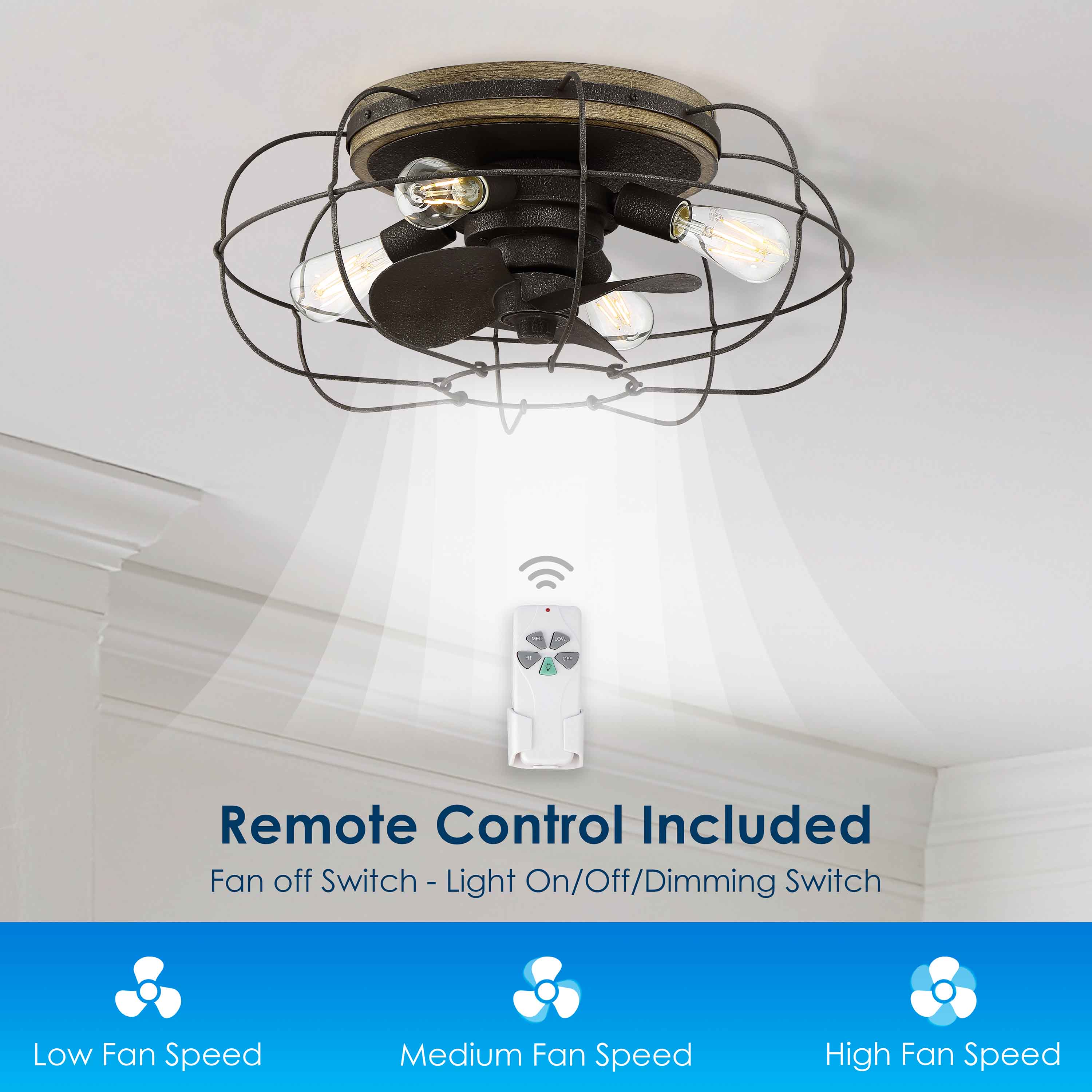 remote control guide for JAXON® 22" Flush Mount Caged Ceiling Fan shown in Charred Iron Finish