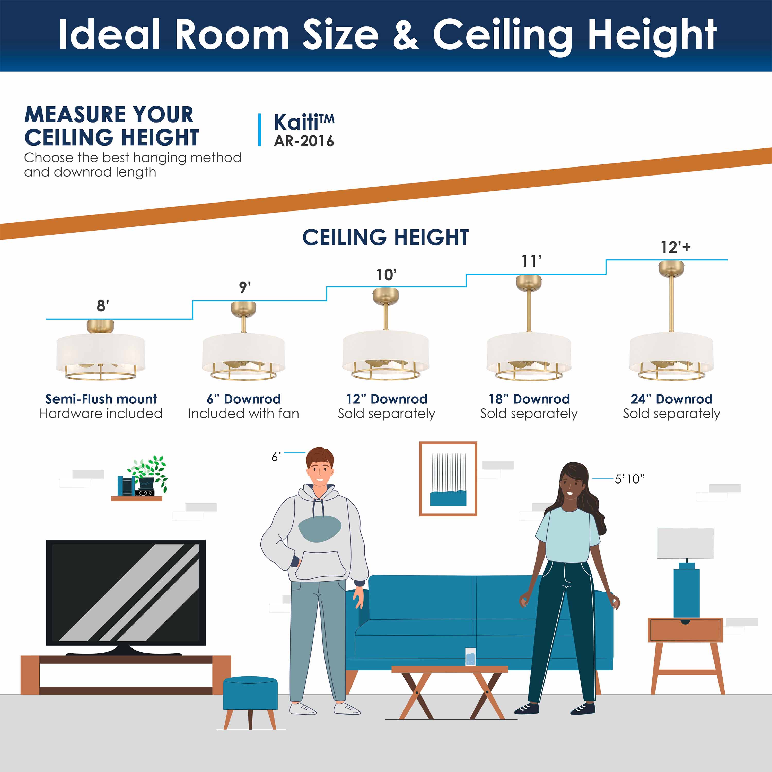 downrod length guide for KAITI™ Fandelier 20" Drum Shade Ceiling Fan in Aged Brass