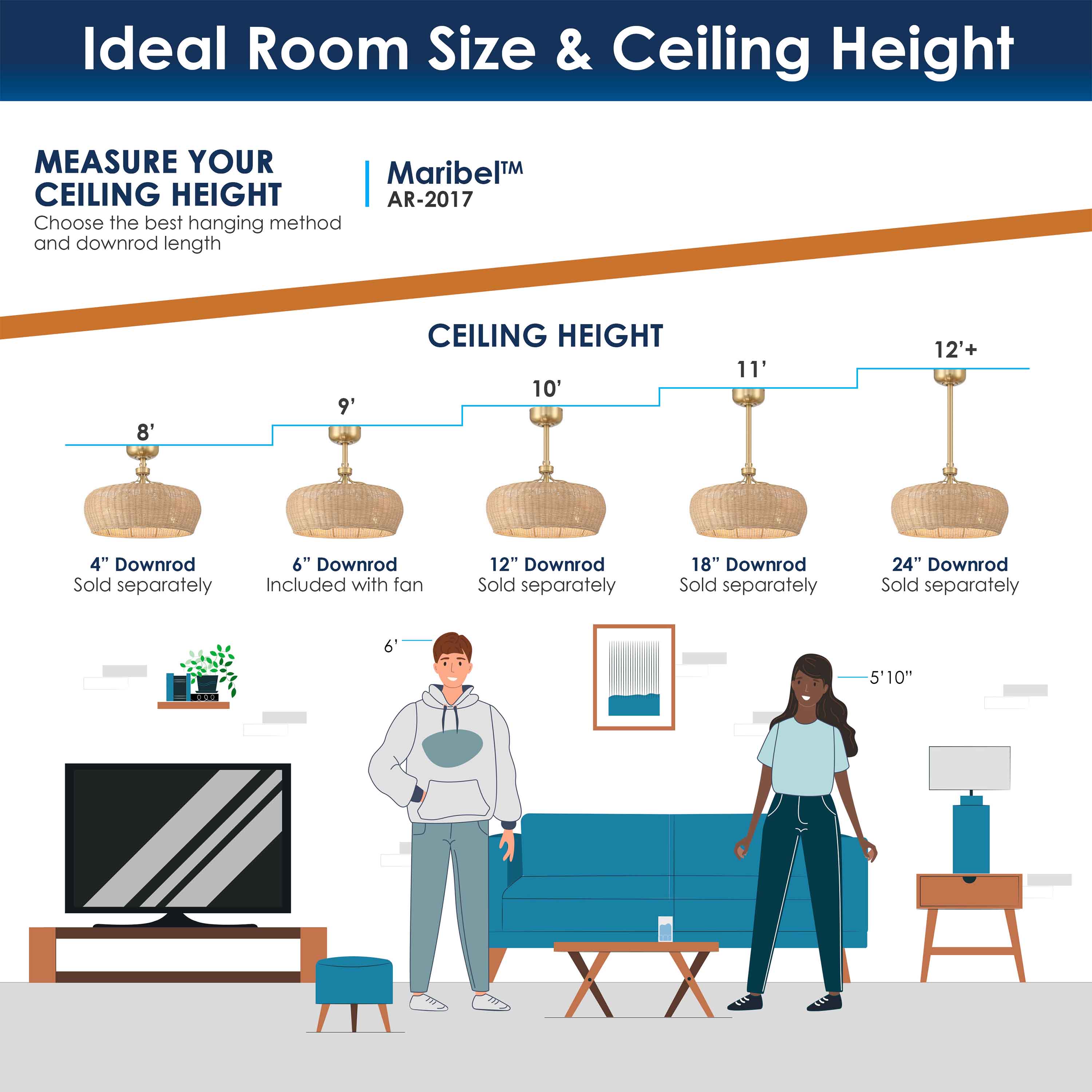 Downrod sizing guide for Living Room ceiling fan featuring Maribel Fandelier Rattan 22inch Ceiling Fan in Aged Brass with LED lights and Remote Control