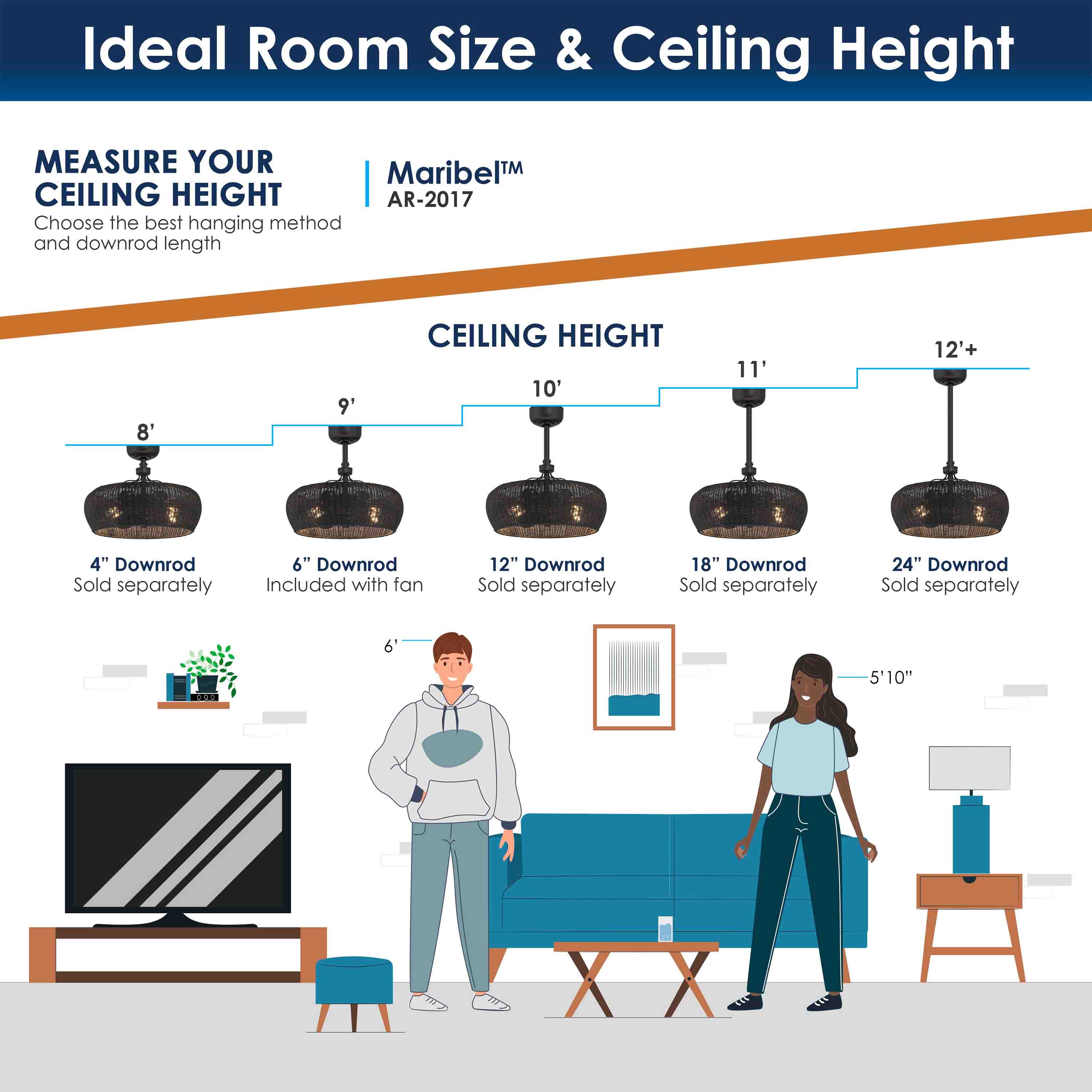 downrod mount guide for MARIBEL® Fandelier- 22" Rattan Shade Ceiling Fan- Matte Black