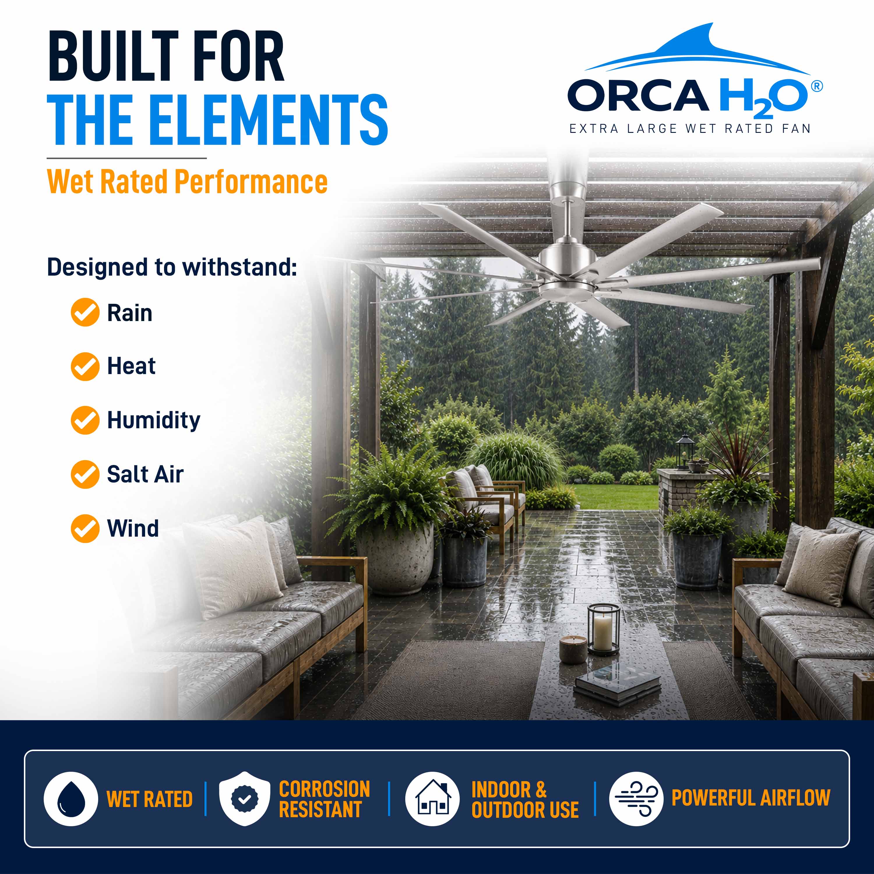 ORCA H₂O® 120" ceiling fan wet-rated for indoor and outdoor use