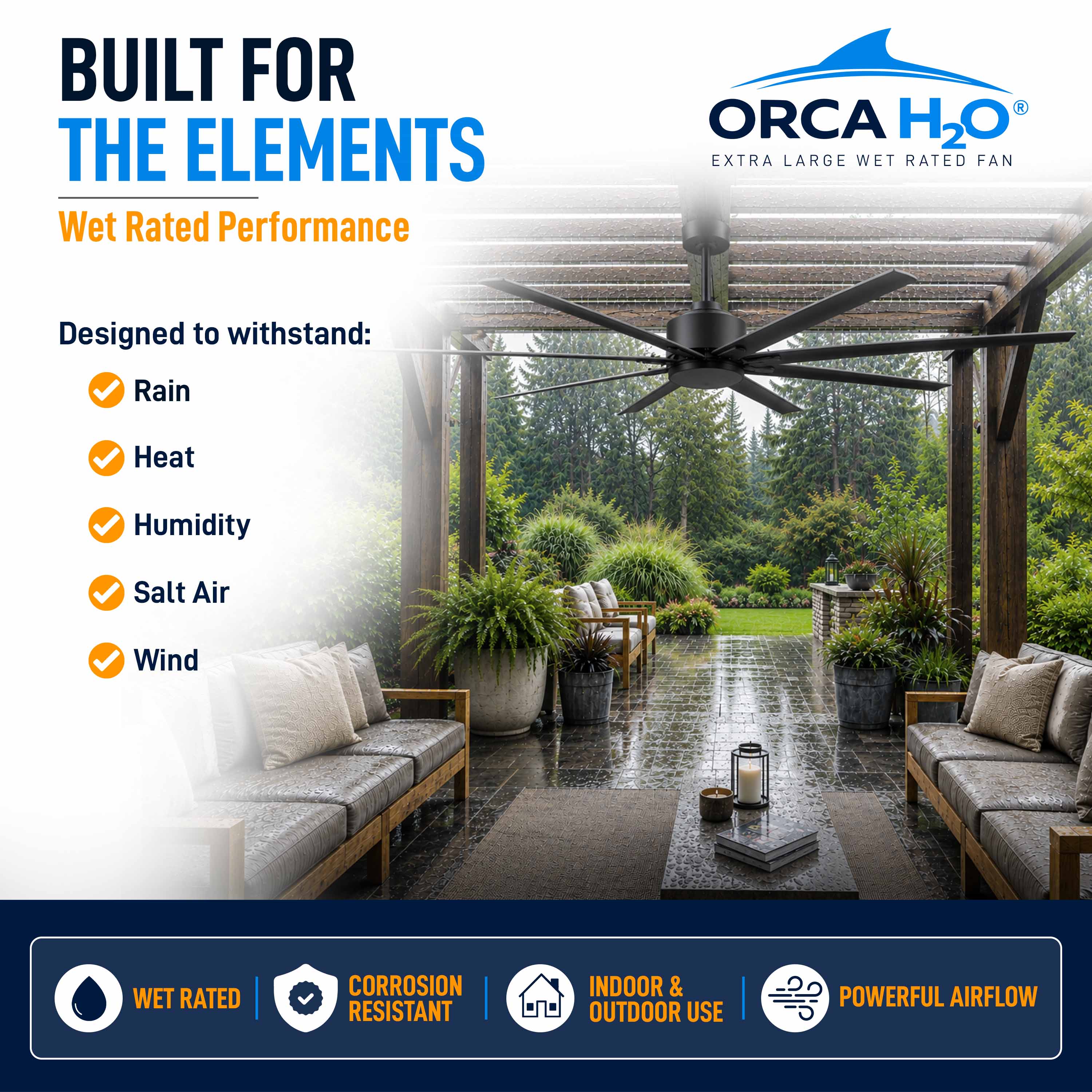 ORCA H₂O® 120" ceiling fan wet-rated for indoor and outdoor use