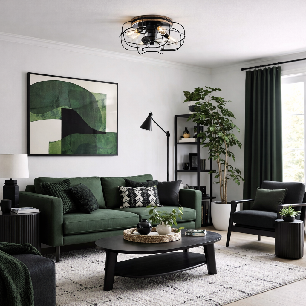 JAXON® 22" Caged Flush Mount Ceiling Fan - Textured Satin Black Finish