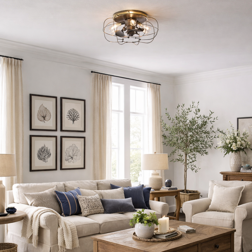 Living room with beige sofa, wooden coffee table, and decorative elements.