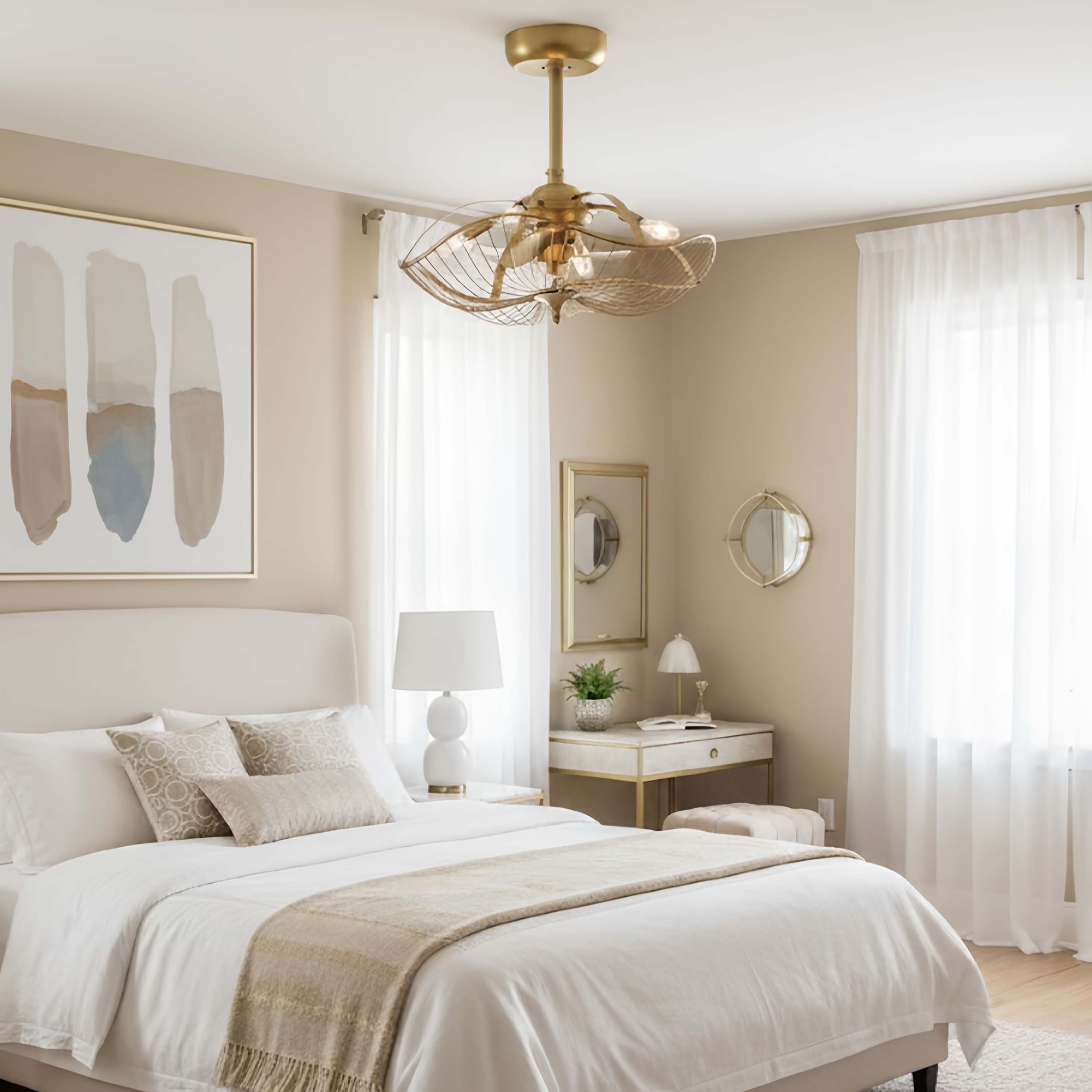 Bedroom featuring the AURI™ Fandelier, a 22inch Ceiling Fan in Aged Brass