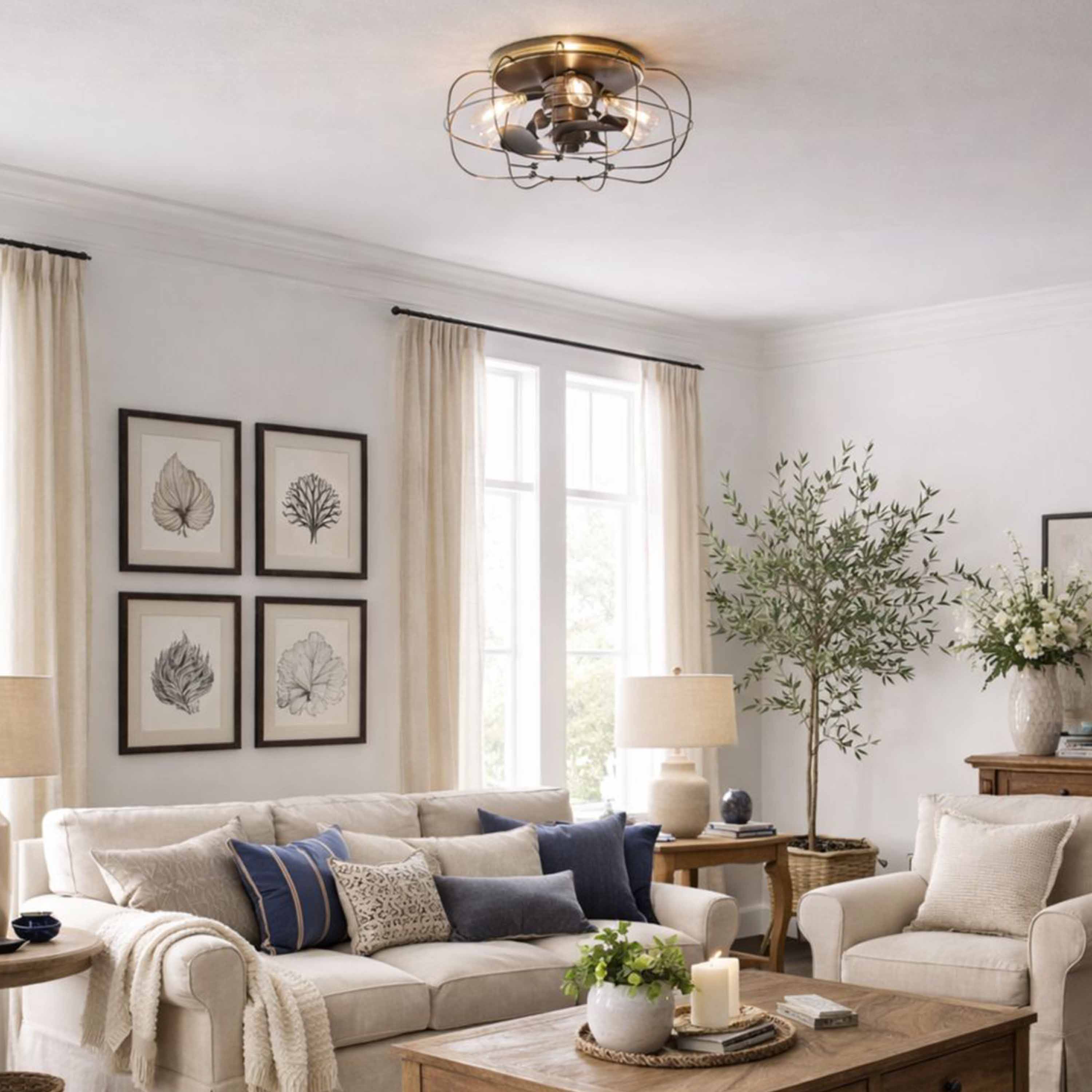 living room featuring JAXON® 22" Flush Mount Caged Ceiling Fan  in Textured Satin Black Finish