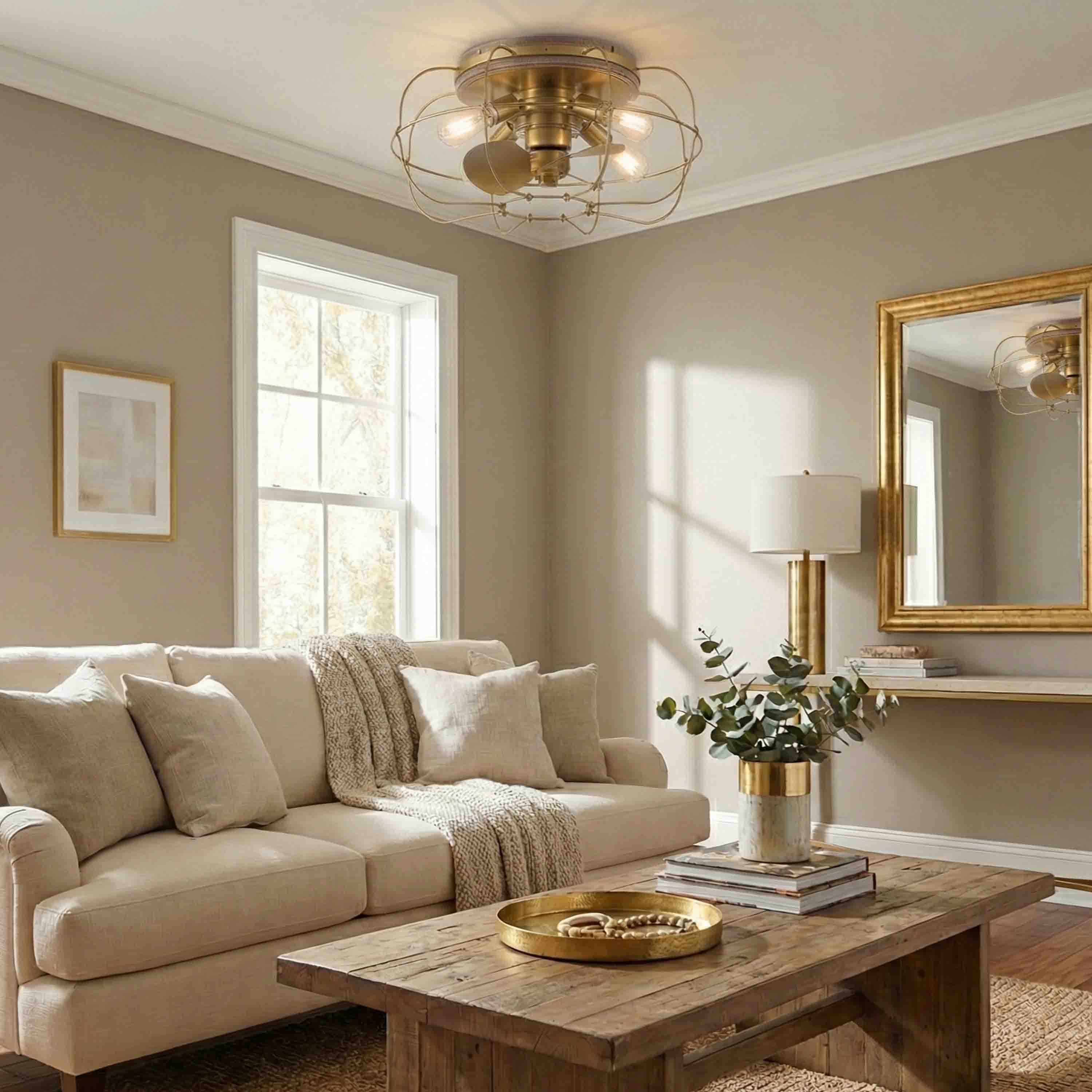 Living room featuring Jaxon Caged Ceiling Fan - 22" Flush Mount Fandelier- Aged Brass Finish