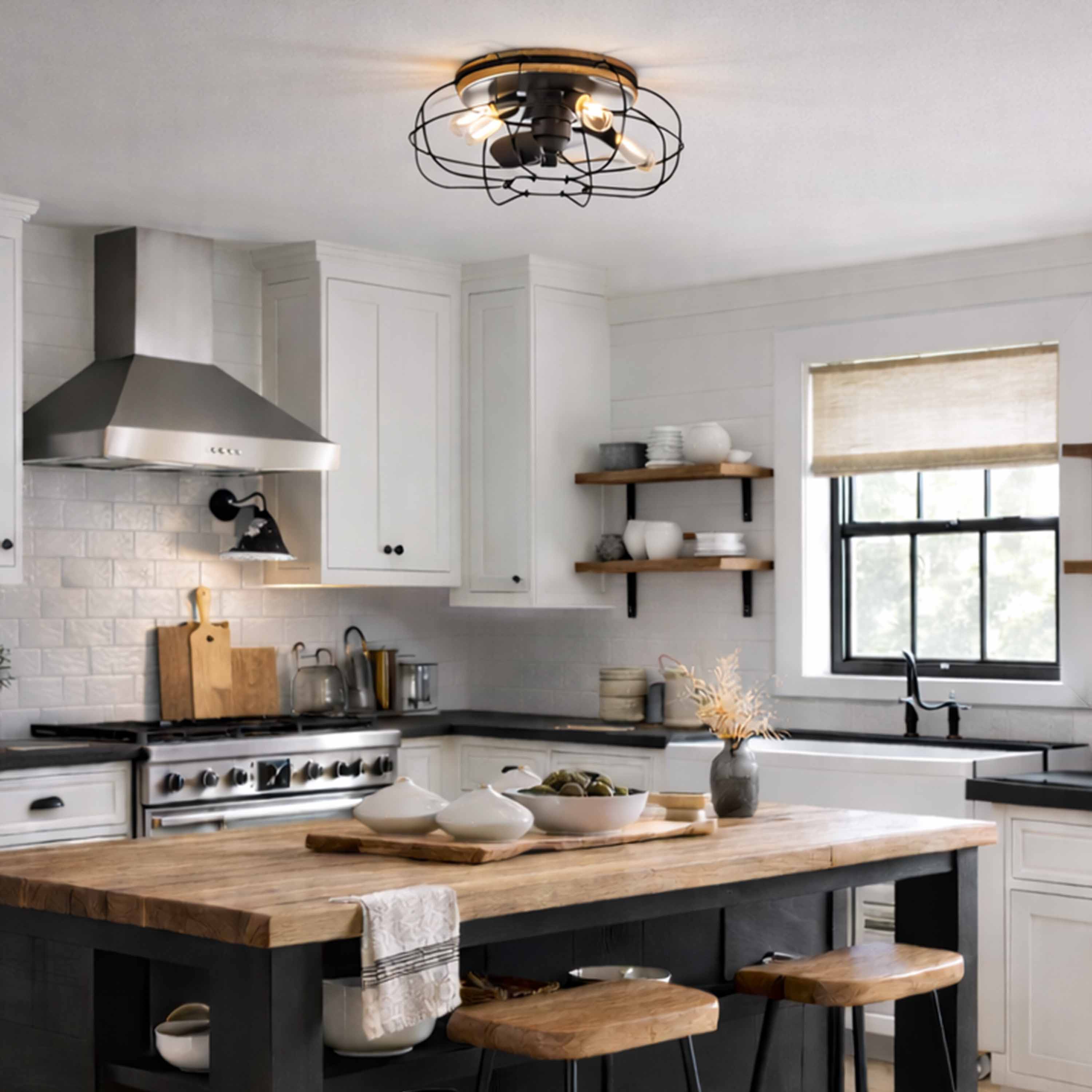 modern kitchen featuring JAXON® 22" Flush Mount Caged Ceiling Fan  in Textured Satin Black Finish