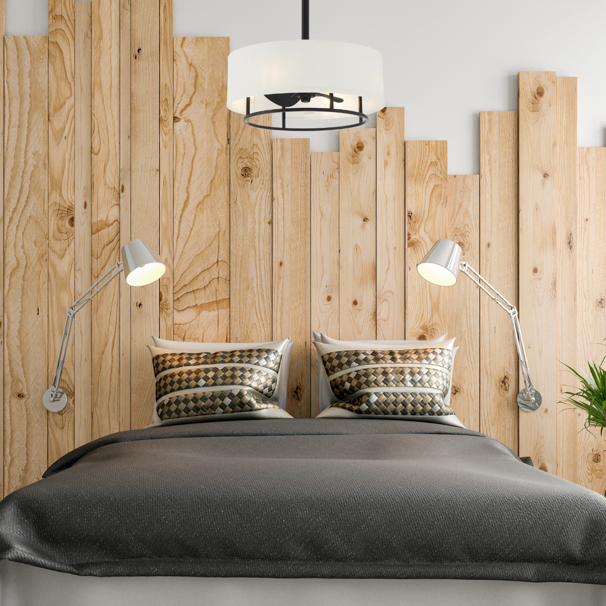 modern bedroom featuring KAITI™ Fandelier - 20" Drum Shade Ceiling Fan in Matte Black Finish