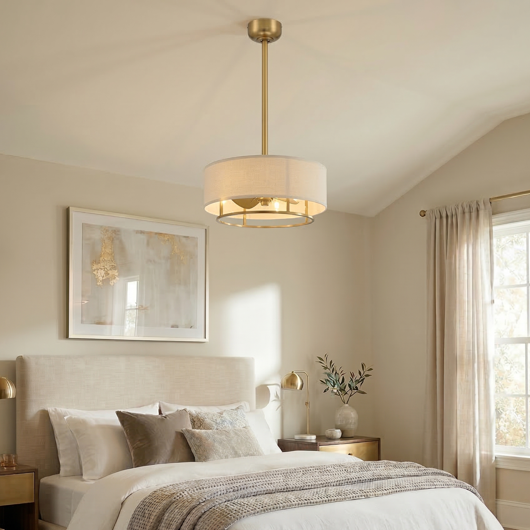 Kaiti fandelier in aged brass featured in modern bedroom  