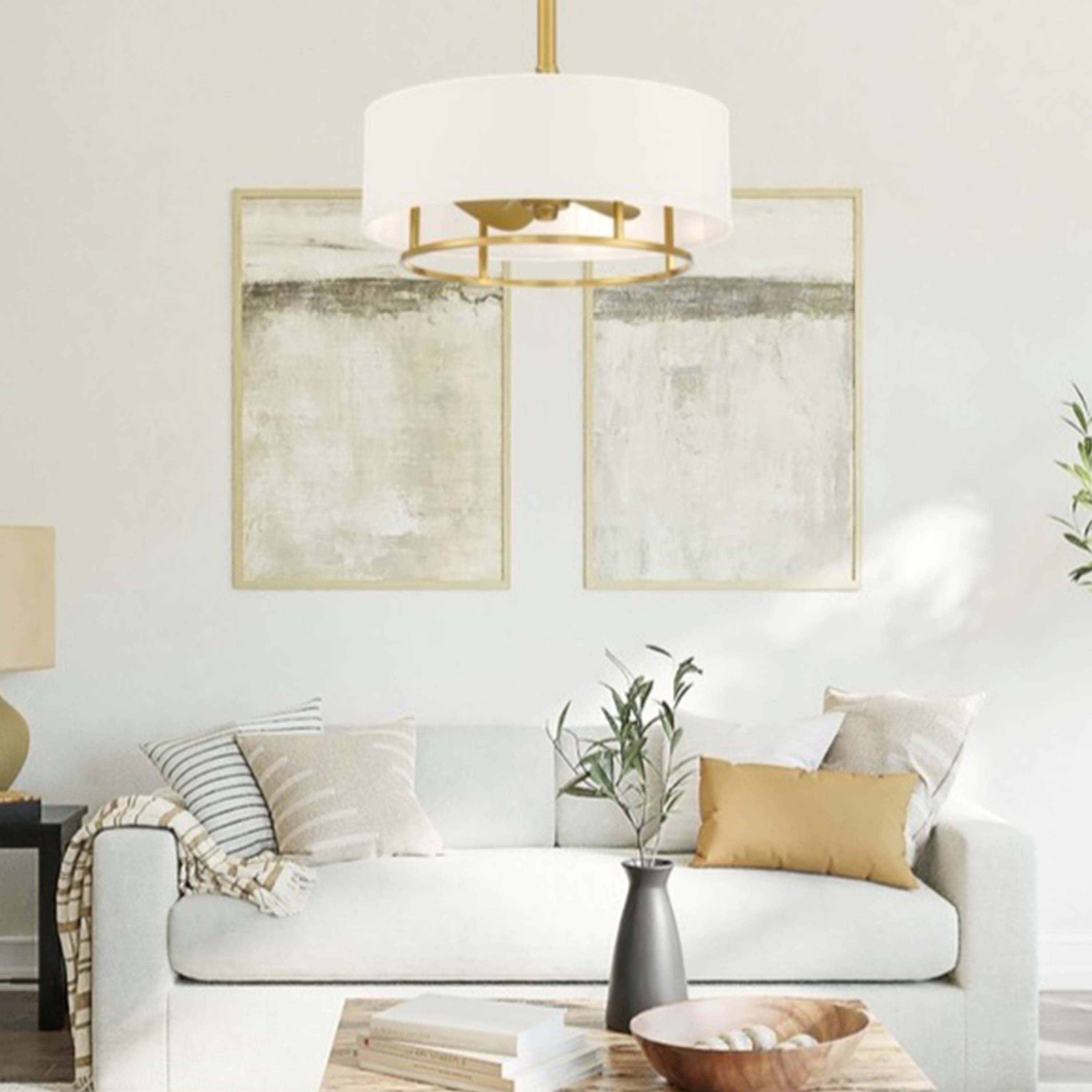 living room featuring KAITI™ Fandelier 20" Drum Shade Ceiling Fan in Aged Brass