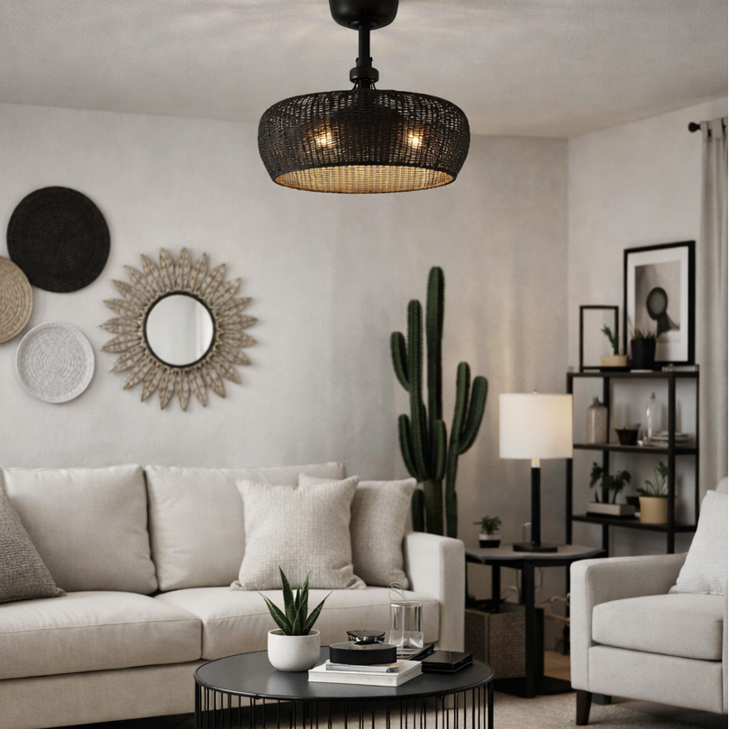 MARIBEL® Fandelier- 22" Rattan Shade Ceiling Fan- Matte Black