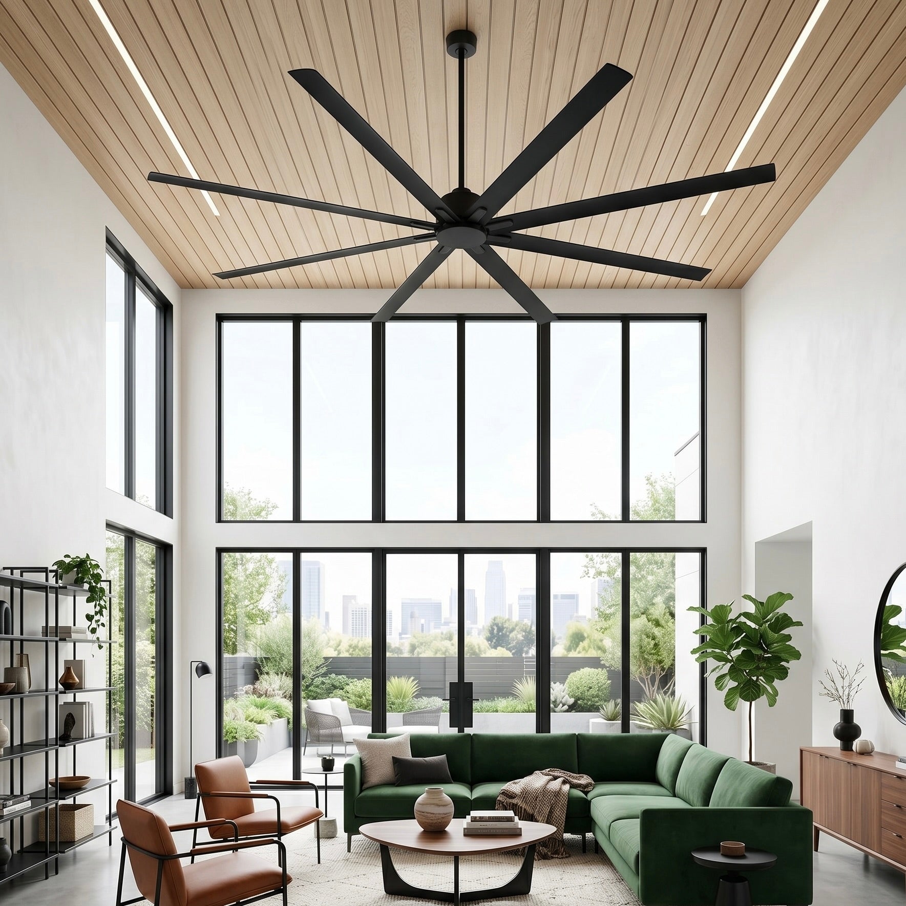 ORCA H₂O® 120" Matte Black ceiling fan without light in large living room