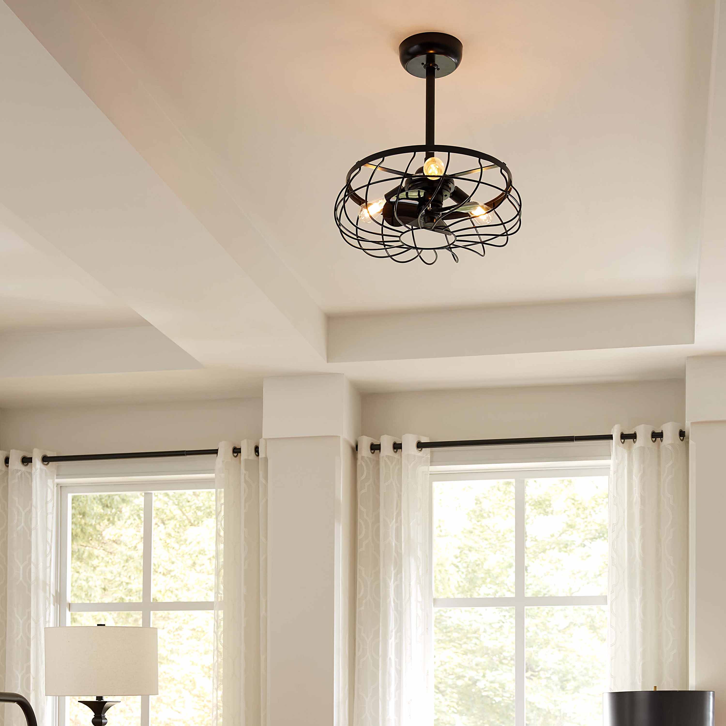 light airy room featuring Santiago® 22 inch Caged Ceiling Fan Fandelier in Matte Black Finish