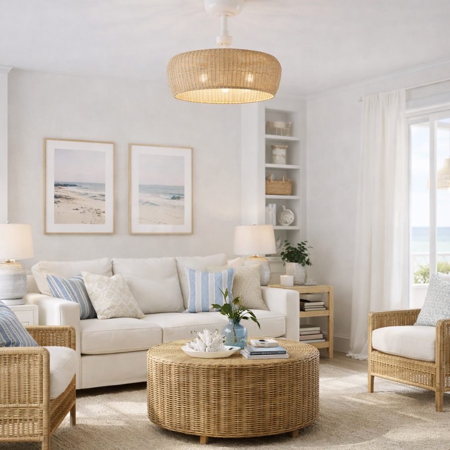 living room featuring MARIBEL® Fandelier- 22" Rattan Shade Ceiling Fan- Matte White with natural shade