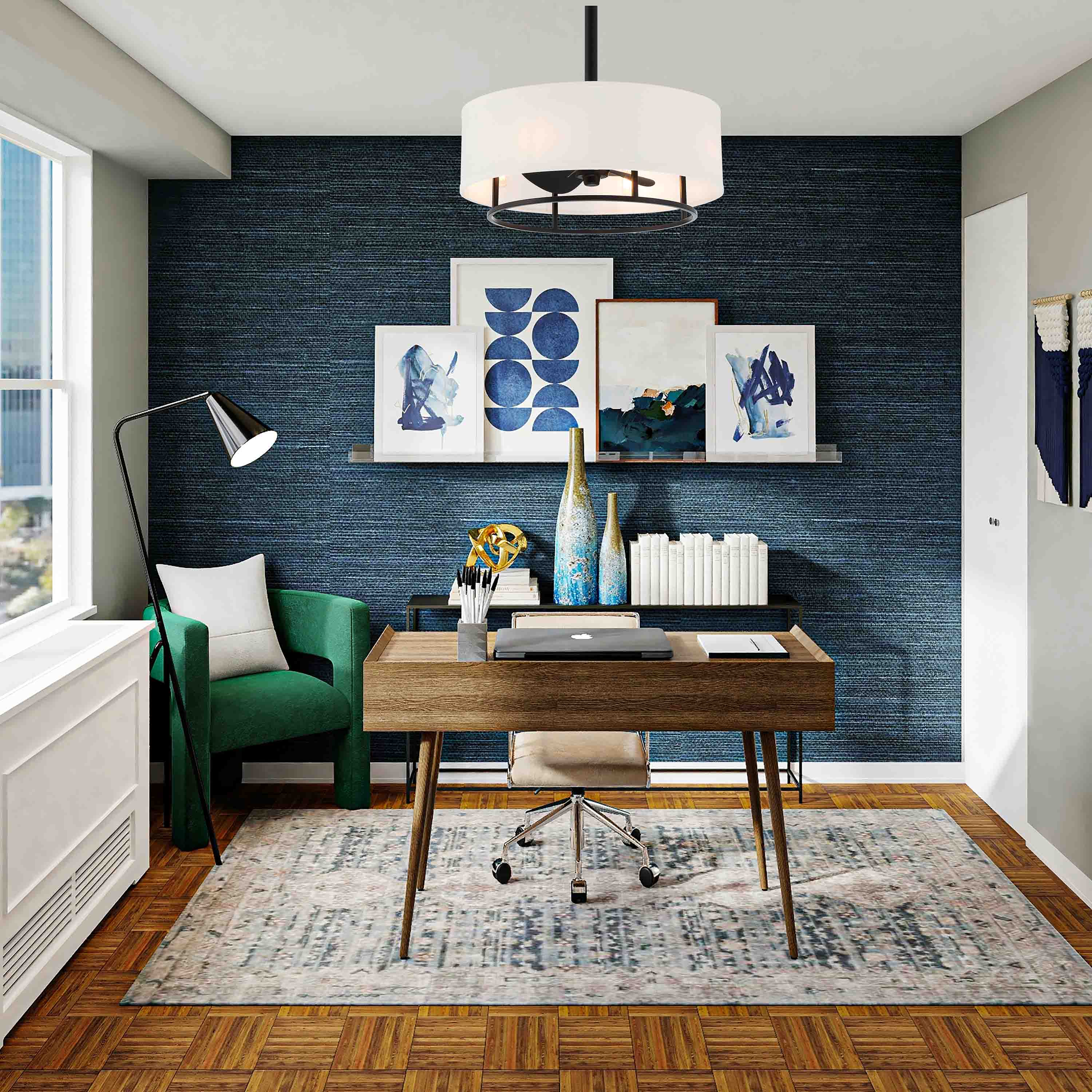 Home office featuring KAITI™ Fandelier - 20" Drum Shade Ceiling Fan in Matte Black Finish