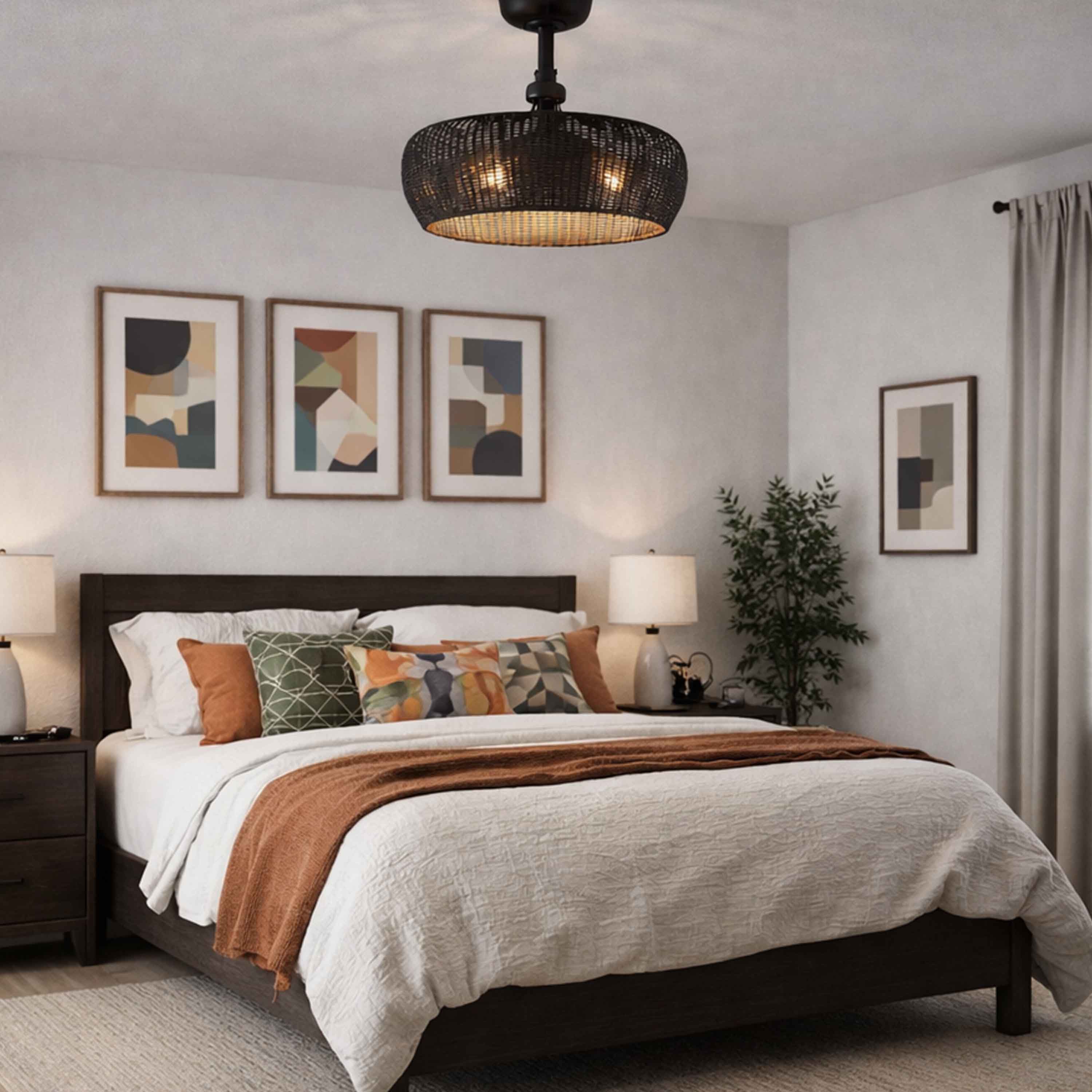 modern bedroom featuring MARIBEL® Fandelier- 22" Rattan Shade Ceiling Fan- Matte Black