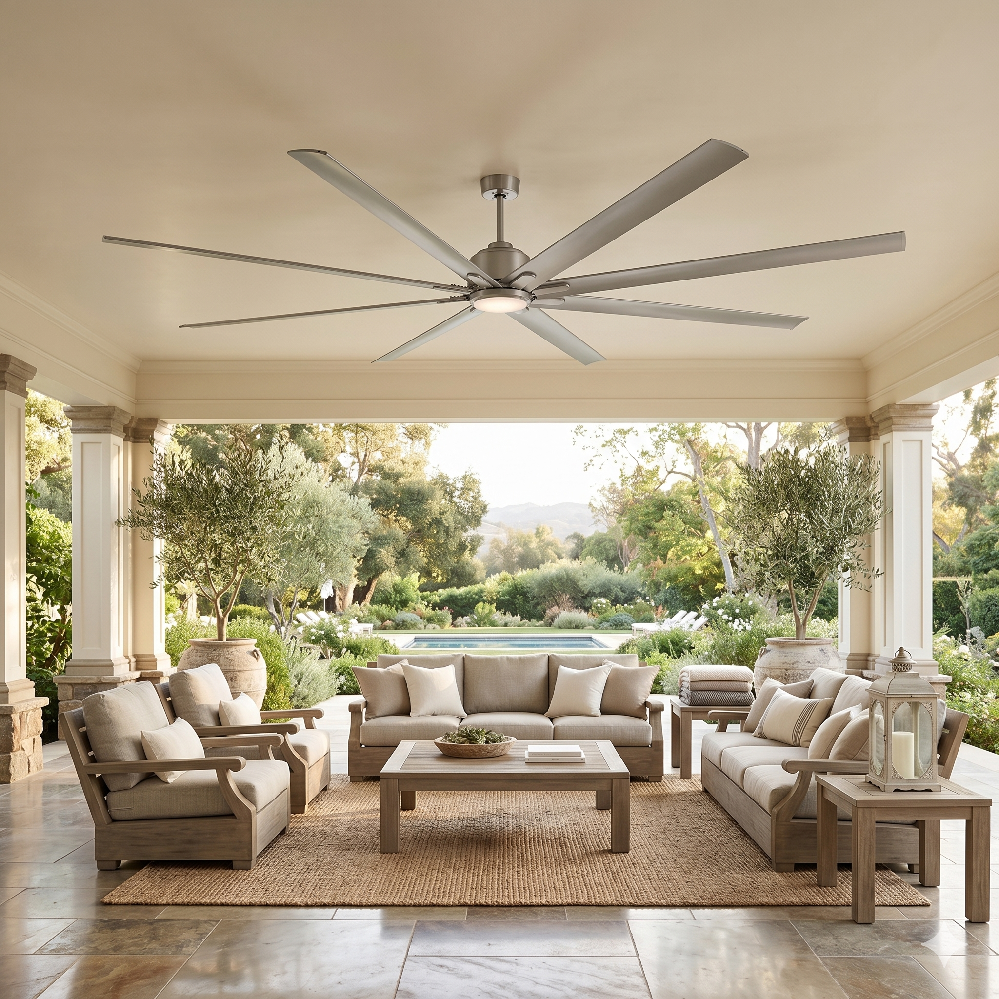 ORCA H₂O® 120" Brushed Nickel ceiling fan with light on covered outdoor porch