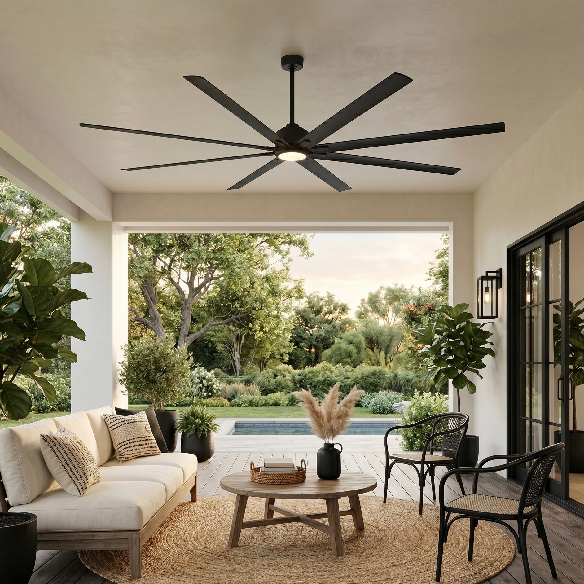 ORCA H₂O® 120" Matte Black ceiling fan with light on covered outdoor porch